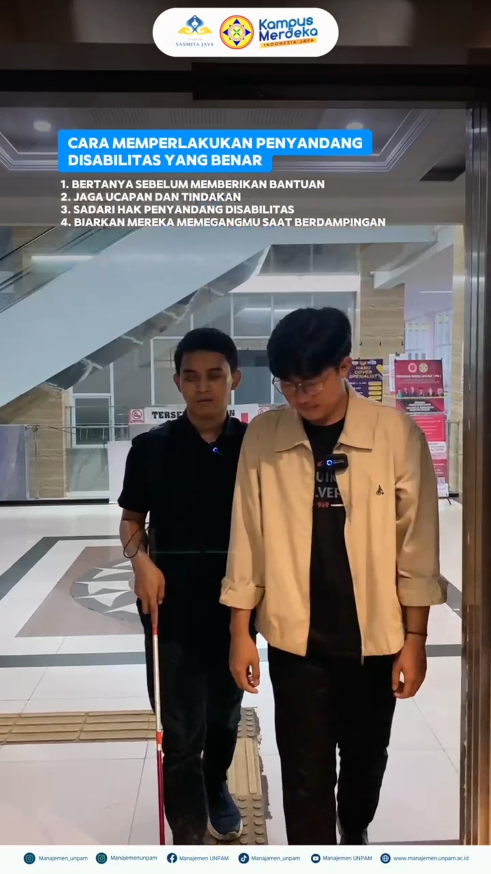 Ayo, Bersama Kita Wujudkan Kampus yang Inklusif!!! 🤝🏻 Semua individu memiliki hak dan kewajiban yang sama. Penting memahami bahwa penyandang disabilitas perlu perlakuan khusus karena keunikan dan keterbatasan yang dapat mempengaruhi berbagai aspek kehidupan mereka. Berbagai stigma terhadap penyandang disabilitas masih ada di kehidupan, hal tersebut dapat  membuat mereka merasa dibedakan dan sulit berpartisipasi penuh dalam lingkungannya. Maka dari itu, Mari bersama membangun kampus yang inklusif dan ramah untuk semua. Setiap individu berhak mendapatkan kesempatan yang sama untuk belajar dan berkembang ✨ Follow us : Info seputar kampus @manajemen_unpam Info seputar akademik @manajemenunpam Info seputar pendaftaran mahasiswa baru Semester Genap T.A 2024/2025 Gel.1, tanggal 9 September – 28 november 2024 #manajemen #manajemenpemasaran #manajemenkeuangan #manajemensdm #manajemenunpam #universitaspamulang #unpam #berbagiuntuknegeri #pmb #pmbunpam #kampusinklusif