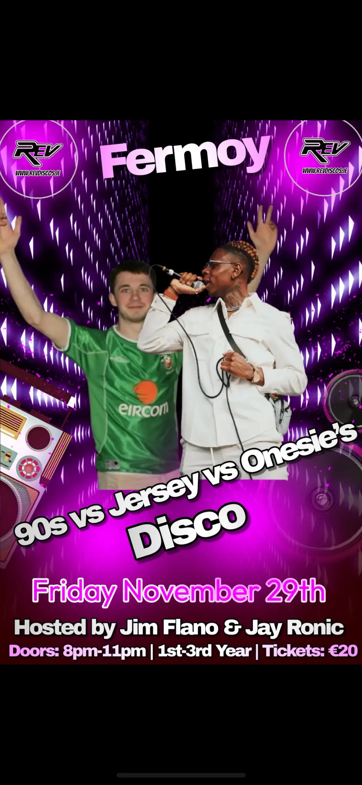 🪩Competition Time 🪩 Win 2 free passes to our next disco & €25 cash for a munch afterwards 😱 Simply love this status, tag your bestie and share the competition  Winner announced 2 days before the disco If you already purchased a ticket you’ll be refunded  Free passes can only be used for the this disco and this date only  You can enter as much as you like  Cash prize is given to the nominated attendee only if a parent or family member wins  A mim of 20 entry’s is required for the competition to proceed  For more information check out www.revdiscos.ie #revdiscos #fermoy #cork #jimflano #jayronic