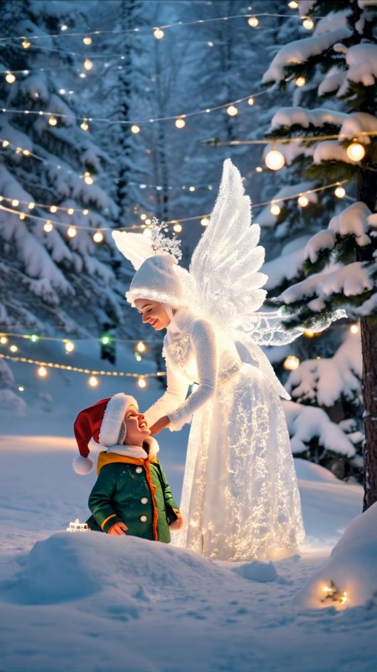 ✨ A magical moment in a snowy wonderland ✨ As the glowing angel shares a gentle blessing, the little elf gazes in awe and admiration. A scene filled with wonder, light, and the spirit of Christmas. 🕊️💫 #ChristmasMagic #AngelBlessing #WinterWonderland #HeartwarmingMoment #ElfAndAngel #HolidaySpirit #ChristmasVibes #SnowyNight #EpicChristmas #Foryou #FYP #ChristmasLights #Viral #WinterMagic #christmas #xmas #foryoupage❤️❤️ #ChristmasCountdown #FestiveSeason #HolidayMagic #Heartwarming #SantaApproved #Christmas2024 