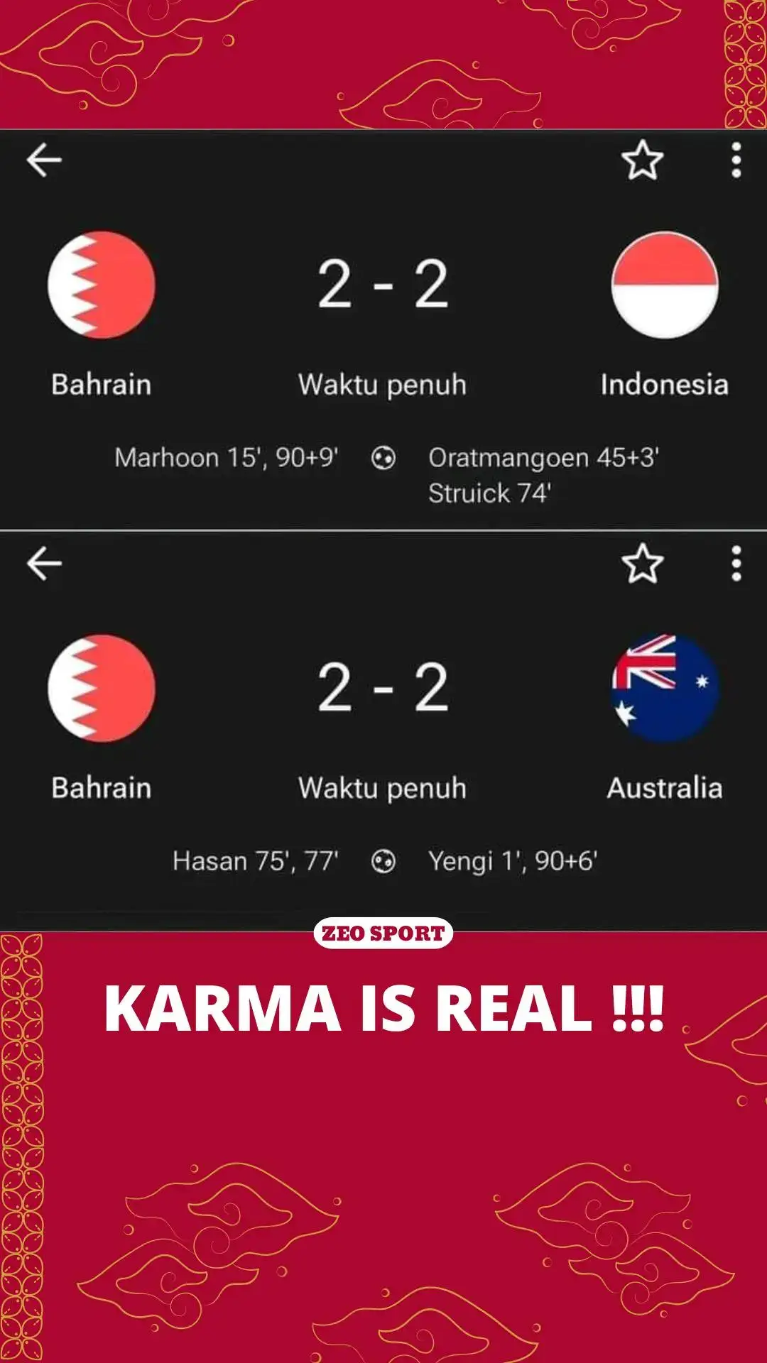 Dulu kita dicurangi Bahrain pada tambahan waktu 90+6 malah jadi 99. Sekarang mereka kebobolan di menit 90+6, karma is real. 😁 👉🏼 info live streaming bola gratis (cek link di bio)