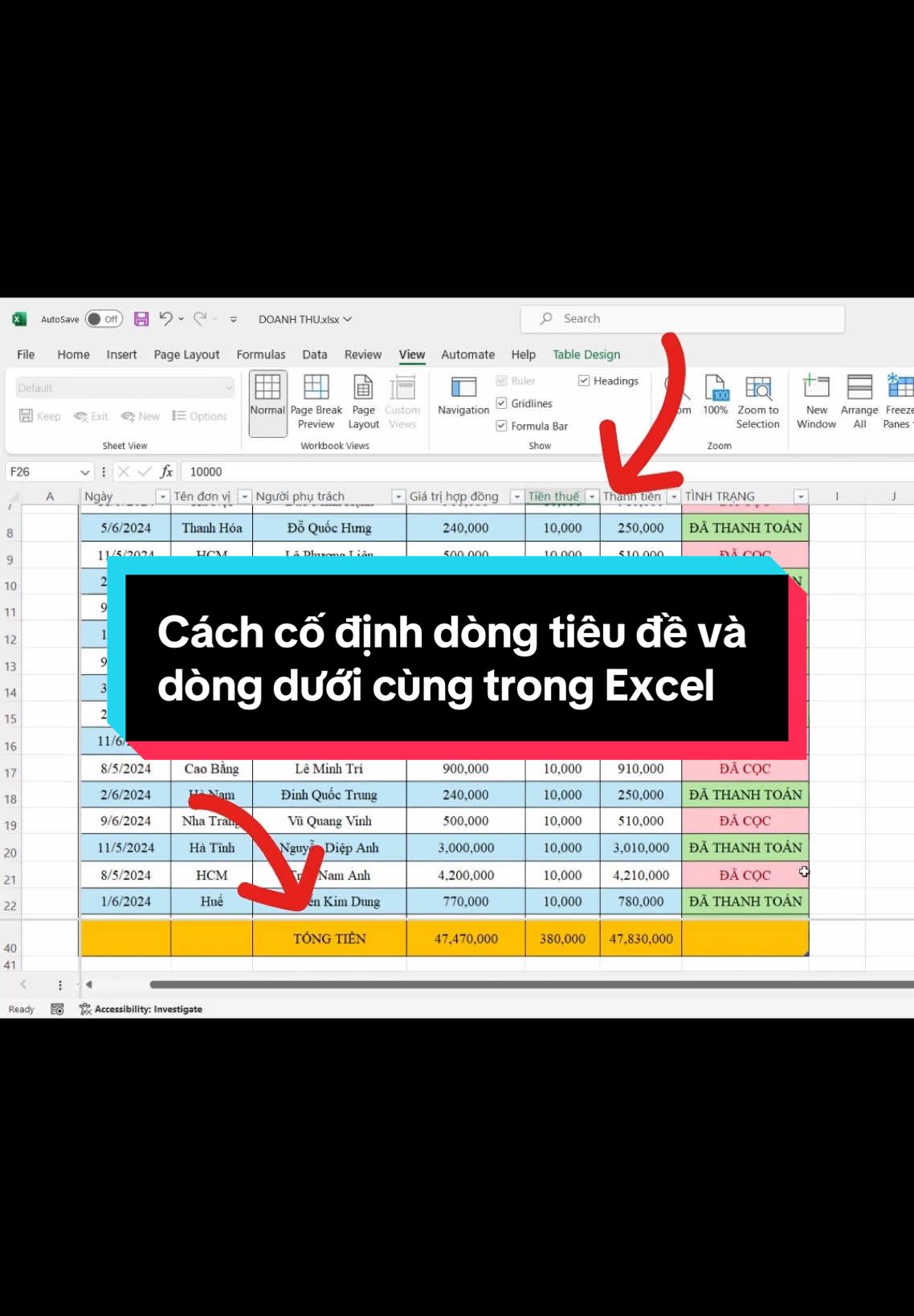 Trả lời @Tiến  Cách cố định dòng tiêu đề và dòng dưới cùng trong Excel #word #excel #tinhocvanphong #sachtinhocvanphong #LearnOnTikTok 