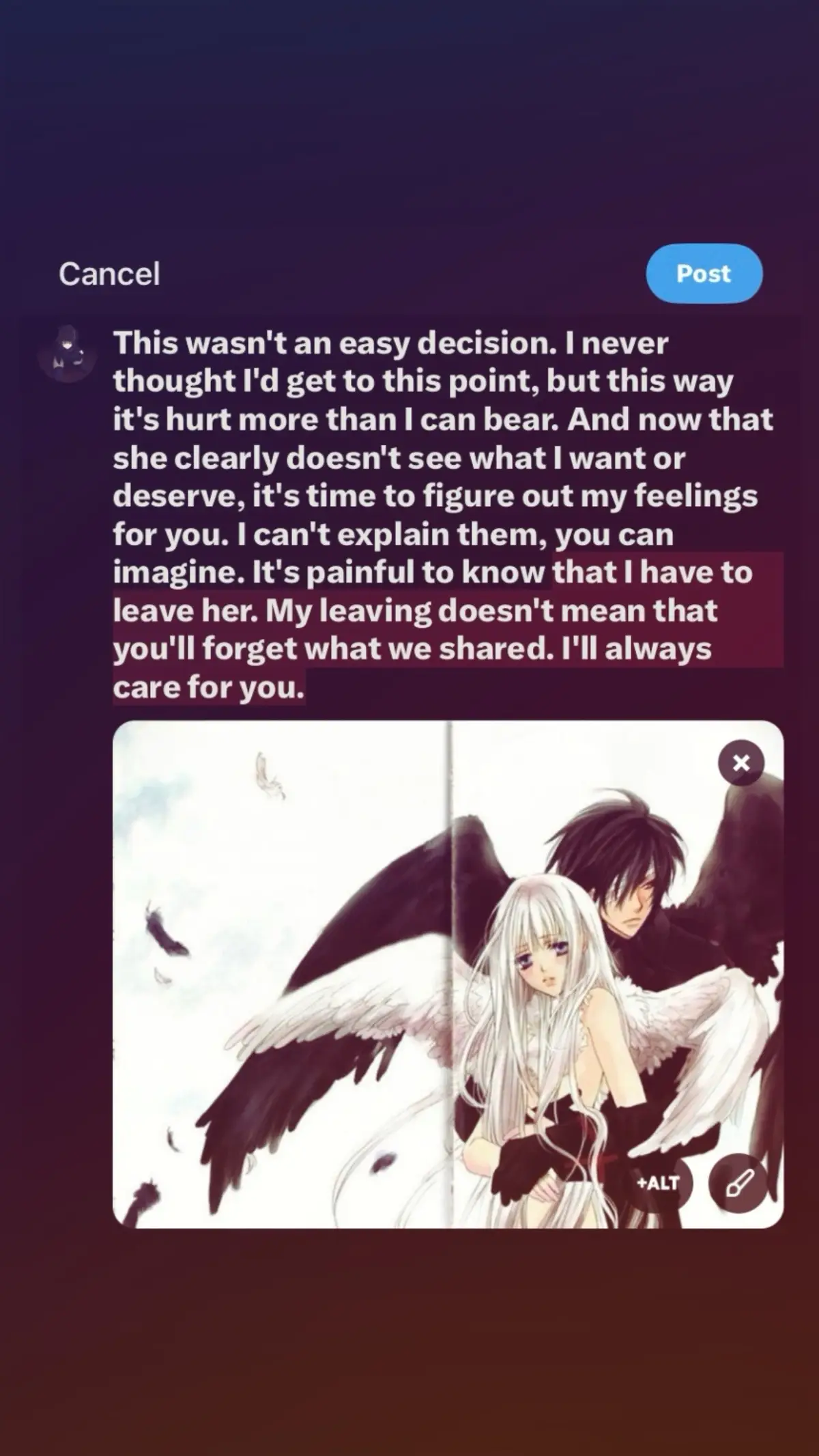 This wasn't an easy decision. I never thought I'd get to this point, but this way it's hurt more than I can bear. And now that she clearly doesn't see what I want or deserve, it's time to figure out my feelings for you. I can't explain them, you can imagine. It's painful to know that I have to leave her. My leaving doesn't mean that you'll forget what we shared. I'll always care for you. #explore #fyp #foryou #4u #viral #ex 