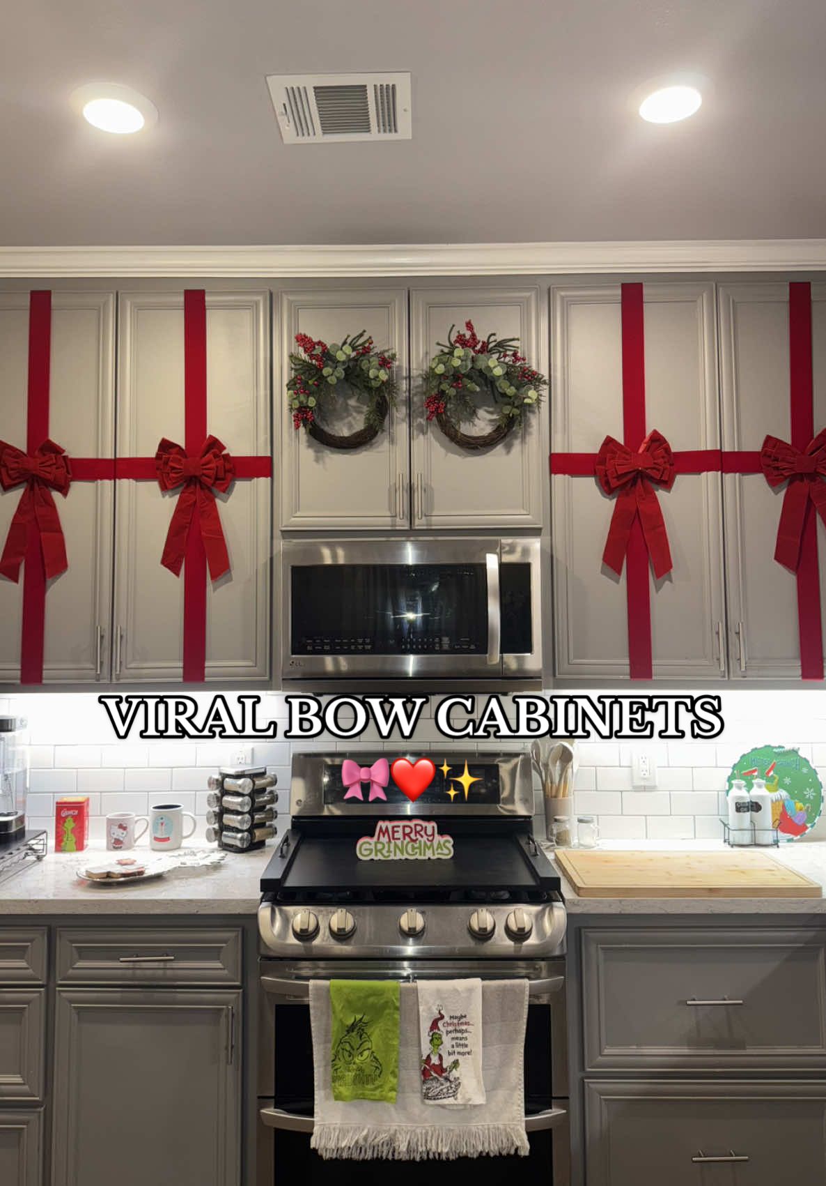 Finally did the viral bow cabinets trend… Now I’m never going back to boring cabinets every holiday!! This is so pretty and I smile every time I walk into my kitchen! Y’all need to try this cute trend! 🎀❤️✨ #christmas #fypシ #christmasdiy #ribbonbow #christmaskitchen #kitchendecor #christmastiktok #xmasdecor #cabinets #christmasdecor #christmas2024 #grinchmas #foryourpage 