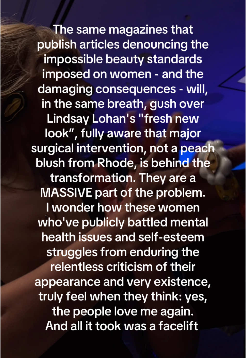 Lindsay Lohan's transformation feels like one big mandela effect. This isn’t about Lindsay Lohan’s or any woman’s right to choose to have cosmetic surgical procedures, it’s about the culture of gaslighting women into believing surgical transformations are due to a new hairstyle, lip liner or blush then marketing these items to impressionable women. And it’s about the hypocrisy in the fact that the same magazines who claim to advicate for the welfare of women are spearheading the problem. Am I reading too much into it? Let’s talk about it…                       #lindsaylohan Lindsay Lohan 