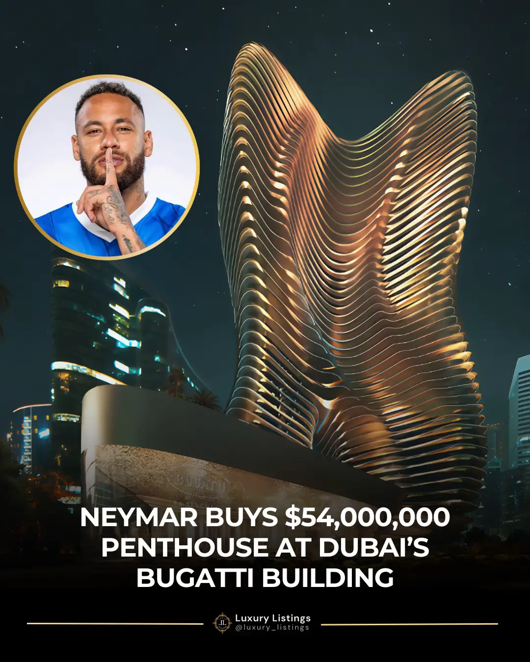 Brazilian soccer star Neymar has acquired a luxurious AED 200 million ($54.45 million) penthouse in Dubai's exclusive Bugatti Residences.⁠ ⁠ The property, known as one of the Sky Mansions, features a private car elevator that transports vehicles directly to the unit and boasts a private swimming pool with panoramic views of Downtown Dubai.⁠ ⁠ His new penthouse is part of the under-construction Bugatti Residences, the only branded residential project from the luxury automaker. ⁠ ⁠ The development will offer 182 residences with an array of upscale amenities, including a French Riviera-inspired beach, a private pool, a fitness club, and a members-only club.⁠ ⁠ In addition to his Dubai penthouse, Neymar made headlines last month with the purchase of a $26 million waterfront property in Miami, fueling rumors of a possible relocation. ⁠ ⁠ What are your thoughts on this?⁠ ⁠ 📍Bugatti Residences, Business Bay, Dubai, United Arab Emirates⁠ 4 Beds · 8 Baths ⁠ Sold at $54,450,000 ⁠ #luxurylistings #dubai #neymar #celebrityhomes #dubairealestate ⁠#neymarjr10 