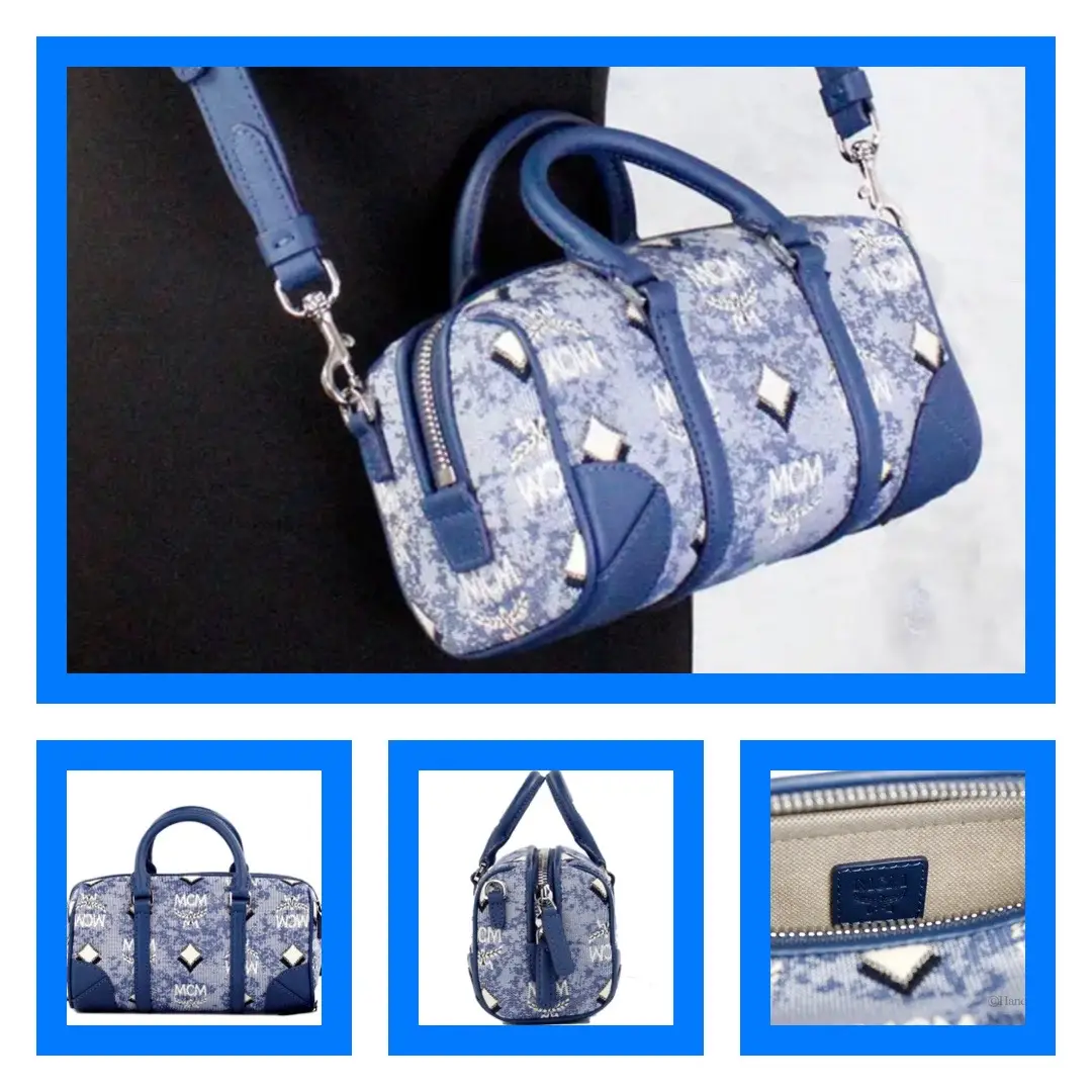 Shop: This Cute 🥰 Blue & White MCM Mini Duffel Crossbody Bag 💼 Available at Nicorismakeupcloset.com 🥰🥰🥰🥶