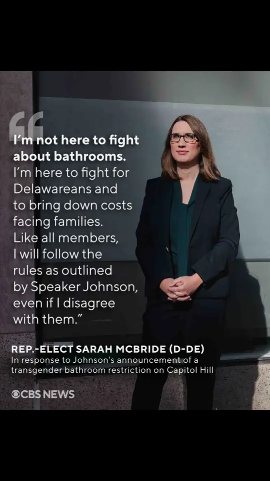 Rep.-elect Sarah McBride (D-DE), who this month became the first openly transgender person elected to Congress, responded to House Speaker Mike Johnson's (R-LA) announcement of restrictions on the bathrooms transgender people can use on Capitol Hill, writing, 