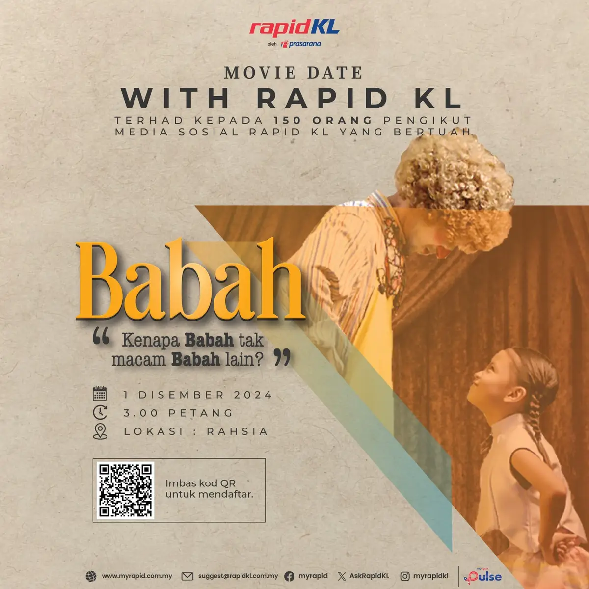 Kita ada Movie Date with Rapid KL, 1 Disember nanti! Percuma, tapi terhad kepada 150 orang bertuah sahaja. Imbas kod QR atau klik link dekat bio untuk mendaftar! Yang terpilih nanti, jangan lupa standby tisu lebih 💔 @Babah  #RapidKL