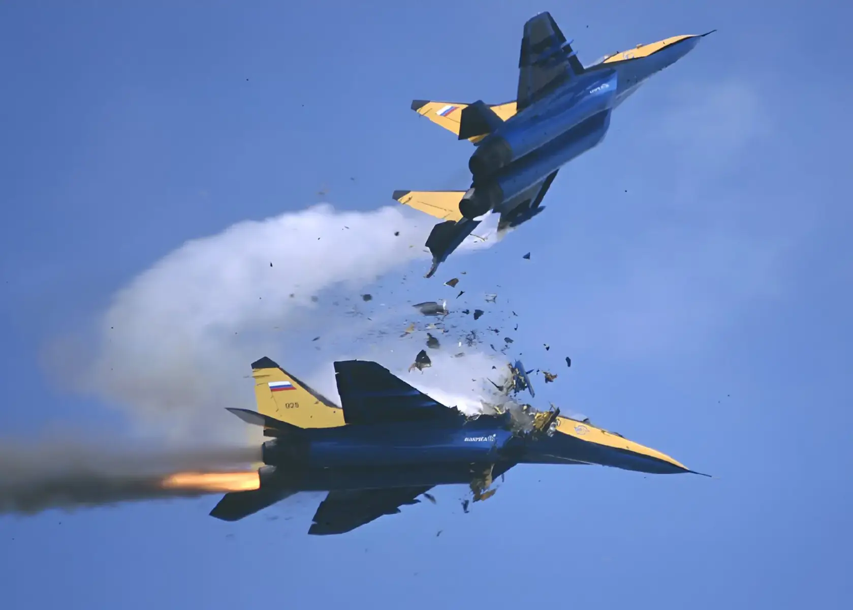 On 24 Jul 93 at 15.27, a pair of MiG-29s of Flight Research Institute took off in close formation to commence their display at the RAF Fairford International Air Tattoo (IAT). The cloud was scattered at 3,000 ft (914m), visibility excellent and surface wind down runway at 8 kts (4 m/sec). The display was normal until the final manoeuvre which was simultaneous loops commenced from long line astern, prior to a break to land. The leader, who pulled up first, carried out a normal loop. The aircraft entered cloud at the top. The Number 2 commenced his loop with some lead on the first aircraft, executed a slightly tighter loop and experienced difficulties with the cloud. At some stage during the manoeuvre, both pilots lost visual contact with each other and called it. As a result of the Number 2’s tighter loop, the leader was lower as far in front of the Number 2 as he expected. Although still unsighted, the lead pilot decided to carry out his break to downwind, believing it would take him out of the flight path of the other aircraft. Shortly after commencing his break, the left wing of the lead aircraft impacted the fuselage of the number 2 aircraft. Both aircraft immediately became uncontrollable. Both pilots ejected successfully and were uninjured. The aircraft impacted to the NE of the airfield 700 m (2,300 ft) from the crowd line. One aircraft crashed on the perimeter fence and the other about 600 m (1,970 ft) beyond. Remarkably, only one person on the ground received minor injuries. A Belgian C-130, an Italian Air Force Aeritalia G.222 and a French Air Force Alpha Jet were slightly damaged #military #airforce #accident #russianairforce #fyp #xyzbca 