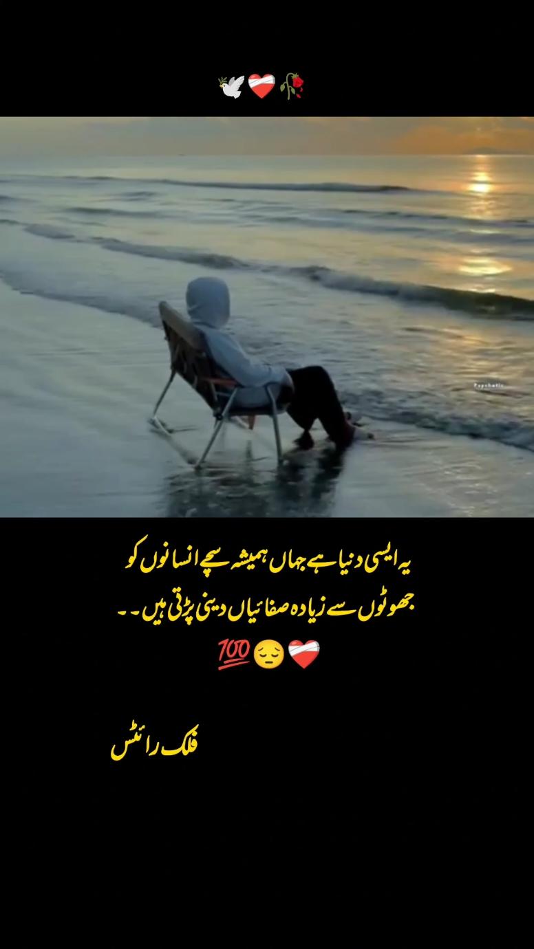 سچے لوگوں کے نصیب میں ہمیشہ اذیت اور تنہائی ہی آتی ہے، جتنے آپ سچے اور مخلص ہوتے ہیں اتنے زیادہ ذلیل ہوتے ہیں آپ۔ اور جتنے زیادہ جھوٹے اور مکار ہوتے ہیں وہ ہمیشہ لوگوں کی آنکھ کا تارا ہوتے ہیں، بڑی بے قدر دنیا ہے یہ سچ میں۔ #deepthoughts #lines #asthetic #views #pain #foryou #foryourpage #fyp #poetrystatus #sadstory #urdupoetry 