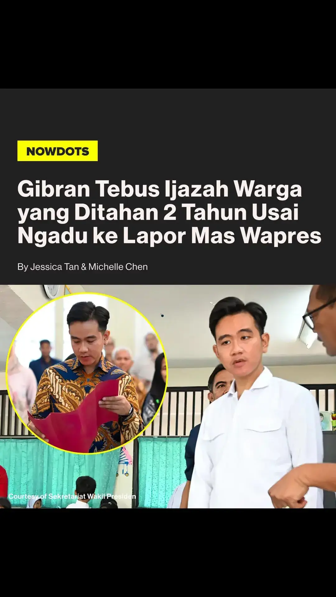 Wakil Presiden Gibran Rakabuming Raka telah memberikan bantuan kepada 20 orang pelapor layanan 'Lapor Mas Wapres' di Istana Wakil Presiden, Jakarta Pusat. Kepala Kantor Komunikasi Kepresidenan, Hasan Hasbi mengatakan bahwa bantuan tersebut diberikan langsung Wapres Gibran kepada 20 masyarakat yang memasukkan laporan melalui ayanan 'Lapor Mas Wapres'. Menurutnya, dari 20 penerima bantuan itu, ada 2-3 orang yang berhalangan hadir.  Namun, kata Hasbi, hal tersebut tidak menghalangi Wapres Gibran untuk tetap memberikan bantuan. 