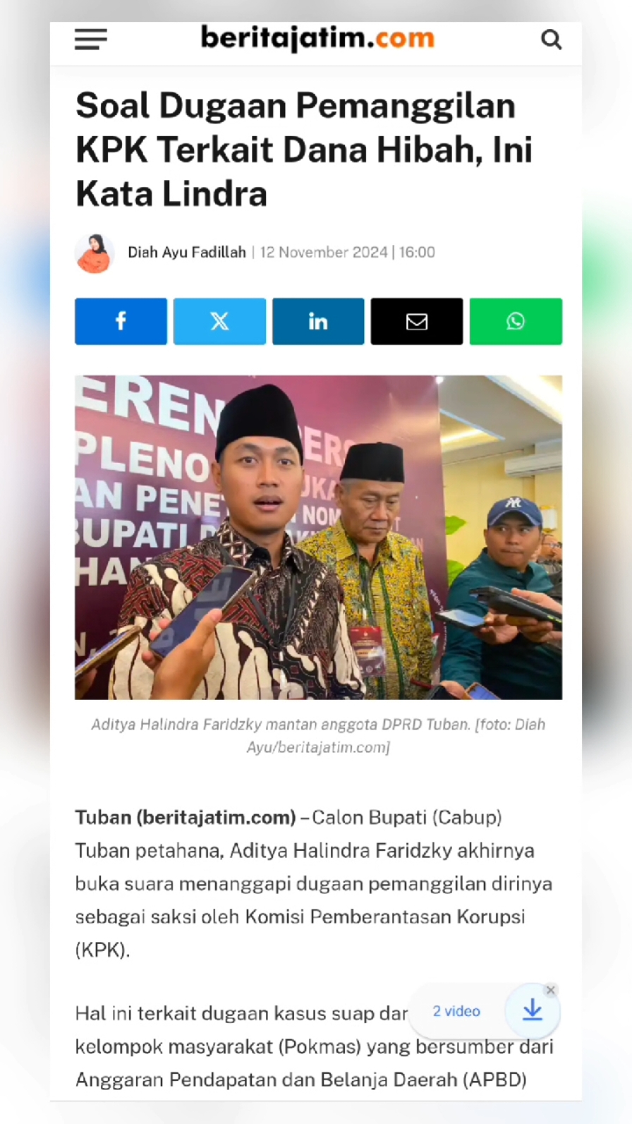 Calon Bupati (Cabup) Tuban petahana, Aditya Halindra Faridzky akhirnya buka suara menanggapi dugaan pemanggilan dirinya sebagai saksi oleh Komisi Pemberantasan Korupsi (KPK). #bupatituban #danahibah #Lindrawijaya #suap #korupsi #kpk 