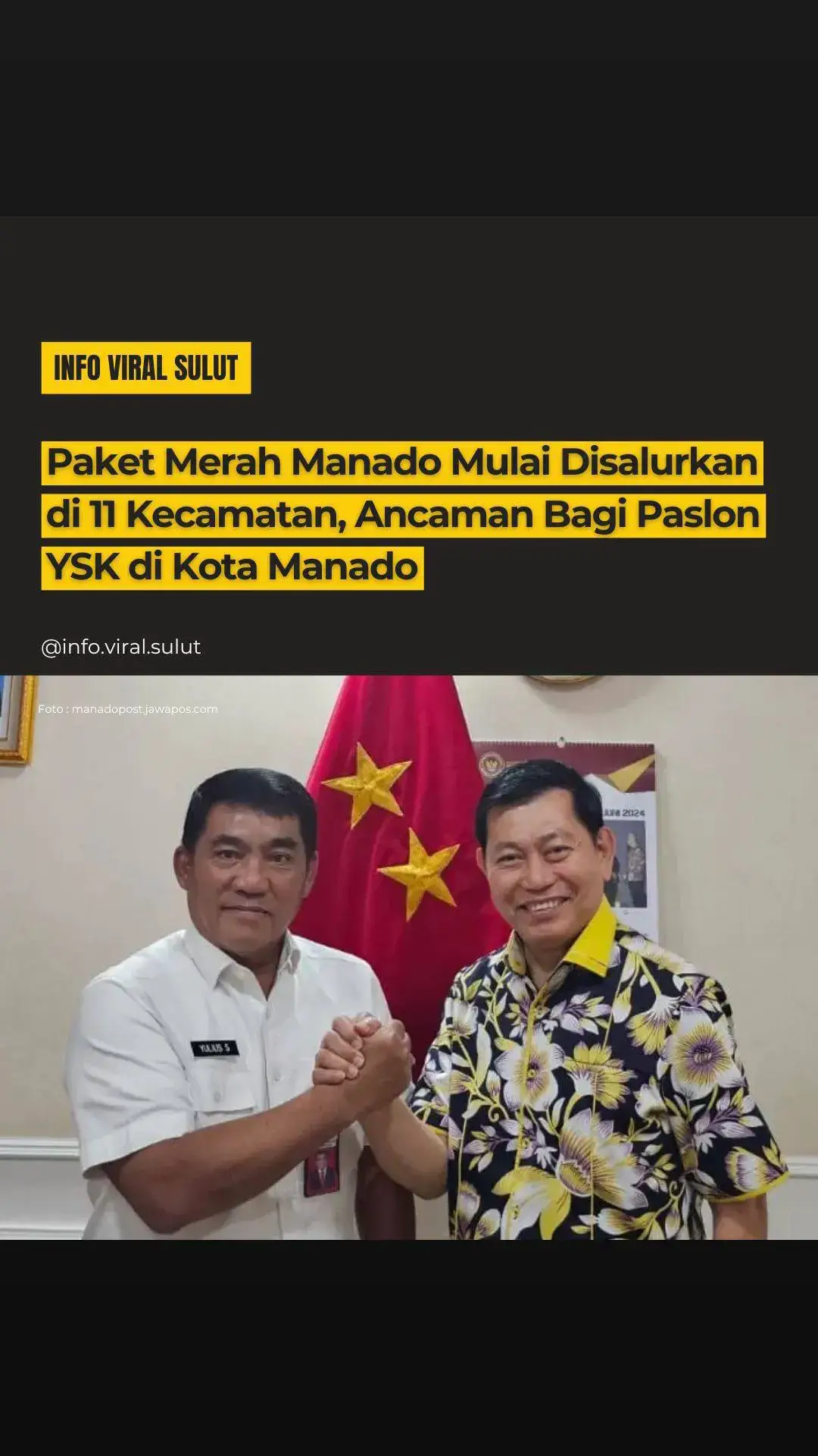 Perebutan suara di Kota Manado semakin memanas menjelang Pilgub Sulawesi Utara. Meskipun YSK, pasangan calon yang diusung Presiden RI, ancaman datang dari praktik money politics yang semakin menguat di Manado.
 
 Informasi yang beredar mengungkapkan bahwa oknum-oknum tertentu telah mendistribusikan paket sembako berupa beras 5 kg dan uang tunai bervariasi antara Rp 250.000 hingga Rp 400.000 di 11 kecamatan Kota Manado. Paket-paket ini diduga sebagai bagian dari upaya untuk memenangkan paslon 