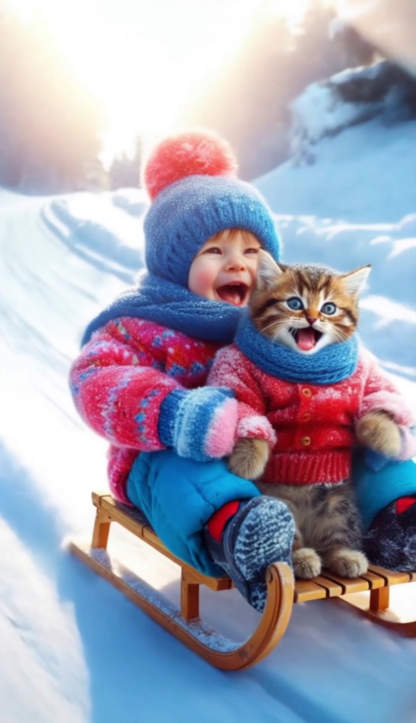 Laughter in the Snow A child and a fluffy kitten sit side by side on a sled, bundled warmly against the cold. The child wears a bright red snowsuit with a cozy white scarf, while the kitten sports a matching tiny scarf. Both are laughing joyfully, mouths wide open, as they speed down a sparkling snow-covered hill. The evergreen trees in the background frame the scene, adding to the cozy and cheerful winter atmosphere. #aiwallpaper #livewallpaper #WinterJoy #babylove #baby #cute 