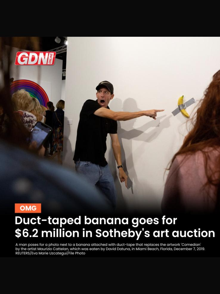 A piece of art that is little more than a banana duct-taped to a wall sold at auction for $6.2 million on Wednesday to cryptocurrency entrepreneur Justin Sun, Sotheby's said, furthering the universal conversation about what constitutes art. 