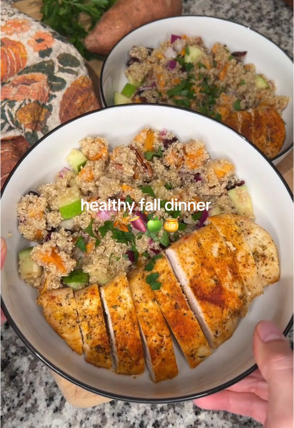 Cozy & healthy dinners that bring the fall flavors😍>> - 🎥 via: @Ally Rolla , check out their page for more recipes!✨ - - INGREDIENTS For the chicken: - 2 chicken breasts (sliced in half lengthwise) - olive oil - garlic salt - onion powder - paprika - italian seasoning For the quinoa salad: - 2 sweet potatoes (peeled & diced) - salt & pepper - 1/2 red onion (diced) - 1 green apple (diced) - 1/2 cup dried cranberries - 1/2 cup chopped pecans - 1 cup quinoa (yields approx 3 cups cooked) For the vinaigrette: - 1/2 cup olive oil - 1/4 cup apple cider vinegar - honey (to desired sweetness) - 1 to 2 tablespoons spicy brown mustard - garlic Instructions: - preheat oven to 375° - cook 1 cup quinoa according to package directions - place chicken on a foil lined baking sheet, drizzle with olive oil and add seasonings to both sides - place sweet potatoes on another foil lined baking sheet, drizzle with olive oil and season with salt & pepper - baked sweet potatoes and chicken for about 20 minutes - in a large bowl combine all quinoa salad ingredients - in a separate bowl, whisk together all apple cider vinaigrette ingredients - pour dressing over salad and stir to combine - serve with fresh parsley #repost #harvestbowl #grain #bowl #grainbowl #quinoa #healthy #health #healthfood #fall #dinner #idea #inspo #chicken #autumn #Recipe #healthyrecipes #fallrecipes #fyp #fypシ 