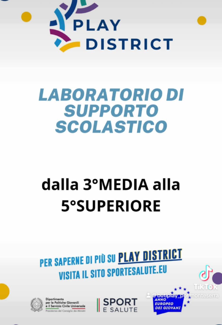 📚 Cerchi un aiuto con le materie scientifiche o letterarie? 🌍 Vuoi migliorare il tuo inglese in modo divertente e pratico? Con Buti Play è possibile, e tutto GRATIS! 💡 Non perdere l’occasione di imparare, crescere e divertirti! Questo e molto altro a… BUTI PLAY Per info e iscrizioni: 3801761830 polisportivamonteserra@gmail.com  #playdistrict #spazicivici #butiplay 