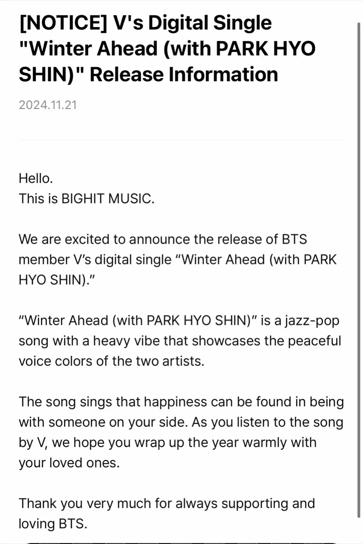 COMING NOV 29, 2024 | 2PM KST - 12AM ET  | #v #taehyung #parkhyoshin #v_winterahead #foryou 