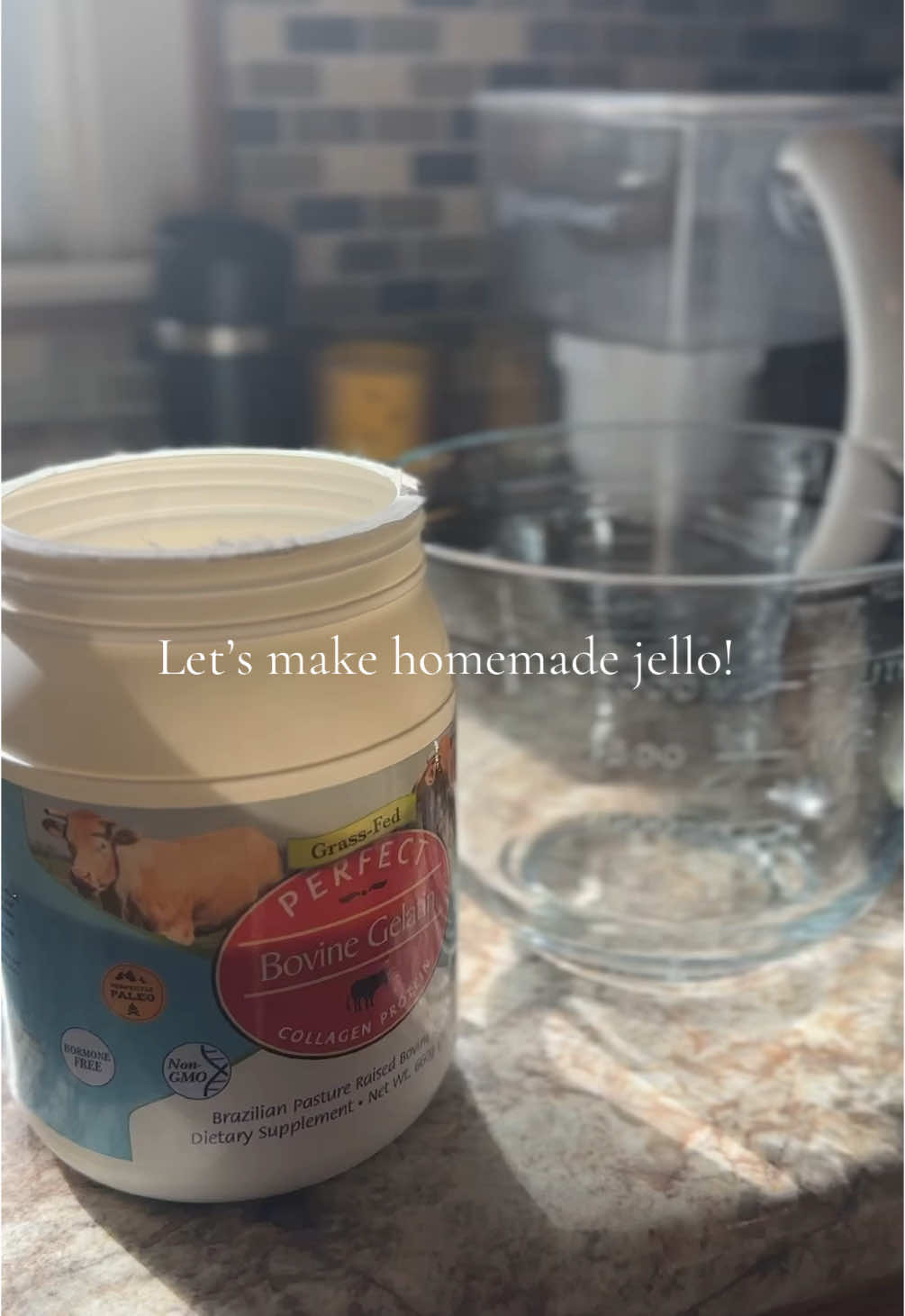 Homemade jello!! 3 ½ cups of your favorite 100% fruit juice (split this up—details below!) 2 tablespoons of grass-fed gelatin ½ cup boiling water (or boiling fruit juice if you’re feeling fancy) Bloom 2 TBSP gelatin in 1/2 cup of fruit juice. Then boil 1/2 cup water or fruit juice. Slowly mix into gelatin mixture. Then add 3 cups of juice. Put in 8x8 pan and allow it to set up in fridge for 4 hours or until firm. 