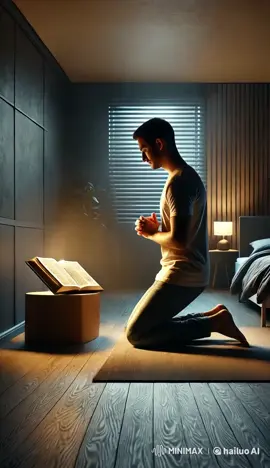 Un homme simple, vêtu modestement, est à genoux en prière, les mains jointes devant une Bible ouverte. Un doux éclat lumineux émane de la Bible, illuminant toute la pièce autour de lui, créant une atmosphère paisible et spirituelle. L'éclairage chaleureux souligne la sérénité du moment, tandis que le fond est légèrement sombre pour mettre en valeur cette lumière divine. L'homme a une expression calme et dévouée, symbolisant la connexion spirituelle dans ce moment de prière #dieu #jesus #foi #bible #pourtoi 