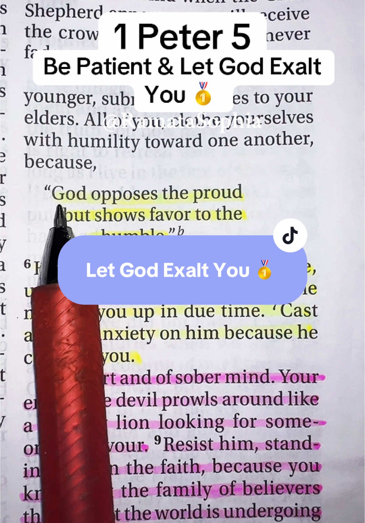 Be Patient & Let God Exalt You 🥇 1 Peter 5:5-6 NIV  Bible Used: NIV - @Zondervan Bibles  *There is a link in my bio to my Amazon Storefront that will direct you to the NLT Study Bible I use! God Bless You 🤍💫  #wefollowJesus #dailybibleverse #Jesus #scripture #explorepage #bibleverse #christiantiktok #bibletiktok #gospeltiktok #JesusisKing #bible #bibledaily #dailygospel #Christ #ramatasophia 