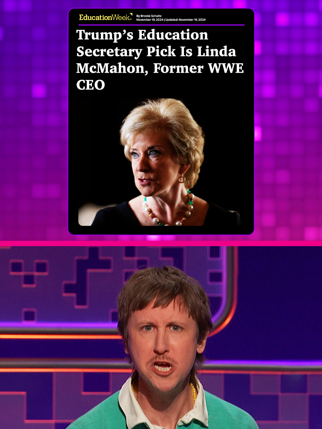 Linda McMahon is ready to body slam the Department of Education #aftermidnight #taylortomlinson#gameshow #WWE #Superstore @johnny_pemberton