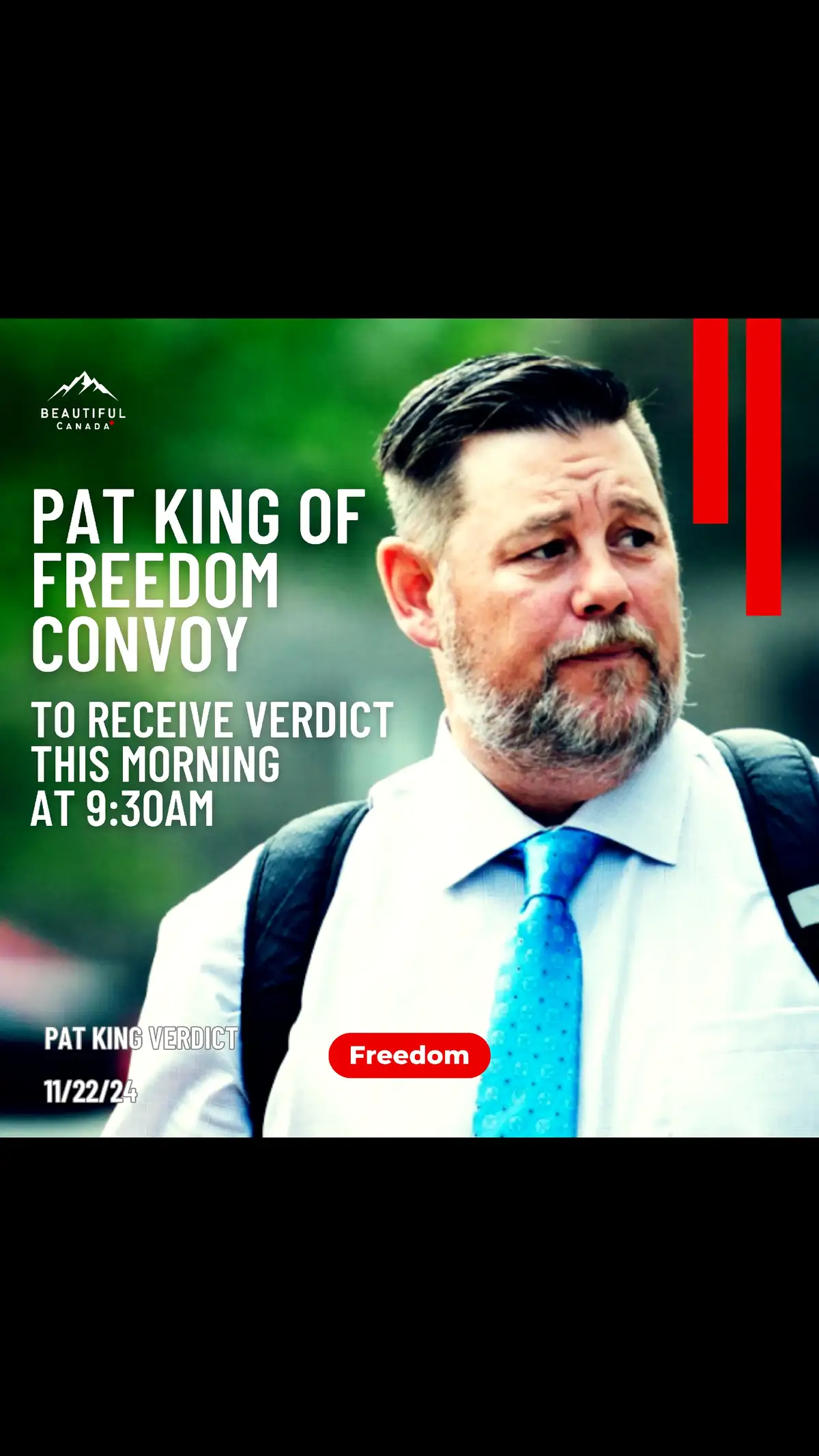 Pat King, one of many involved in the Freedom Convoy, will receive his verdict this morning Friday November 22 at 9:30am. The Freedom Convoy, a grass roots movement, sparked in 2022 from 2 years of living in totalitarianism, Justin Trudeau regime in Canada.  The Convoy, which started in British Columbia, made its way to Ottawa with hundreds of thousands of participants in the Capitol and across the nation, with millions more in support. The Trudeau Government enabled the Emergency Act after refusing to even meet with organizers regarding Covid19 mandates. The Coutts Alberta border protest, Windsor Bridge, and eventually Ottawa were all cleared of peaceful, loving protesters in demonstrative dictatorship fashion with thousands of Police, trampling women, men beating veterans, mass arrests, vehicles towed and lives ruined. Many well-known key organizers and many unknown participants still face trial to this day.  Pat King's case will set precedent for the remaining cases involving the Freedom Convoy, as well as Canadians' right to protest in the future. #freedomconvoy2022 #patking #trudeaumustgo #dictatorship #liberty #Canada #Godkeepourland #riseup #liberalsmustgo #pray #corruption 