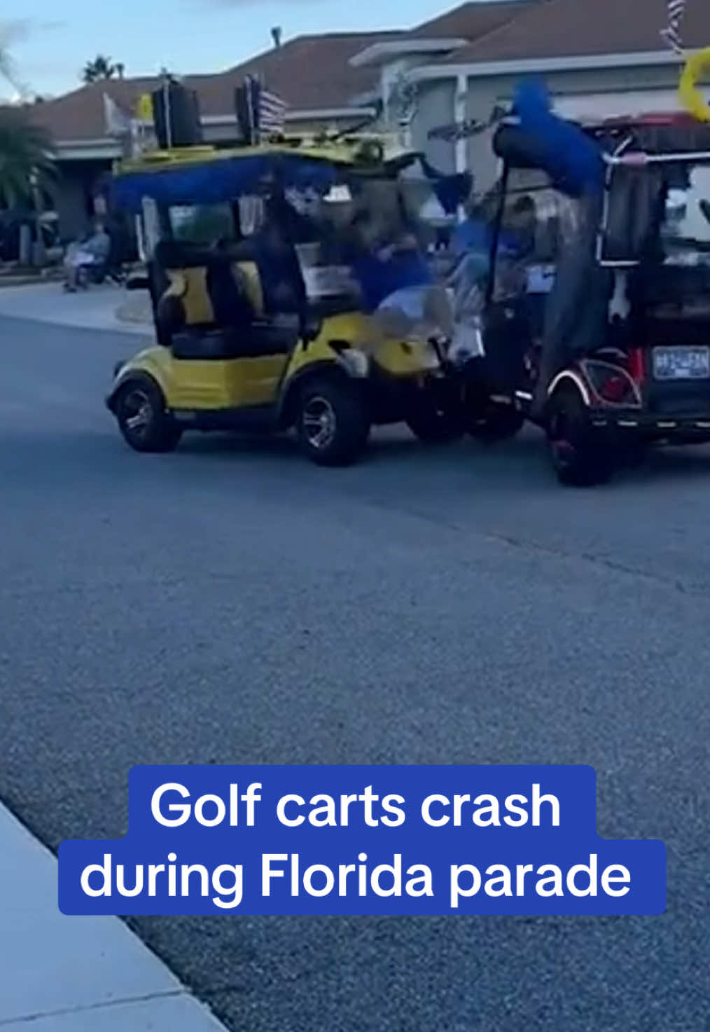 The shocking moment two golf carts collided with each other during a Florida parade was captured on video.  Golf carts, decorated with flags and signs, took to a rural neighborhood in the Sunshine State to participate in a 'flying golf cart parade' - an event that traditionally consists of local golf players decking out their carts to parade around the area.  But chaotic video footage captured by an attendee proved that the participants may have taken the word 'flying' a little too literally.  Read more on Dailymail.com #florida #news #golfcart #crash 