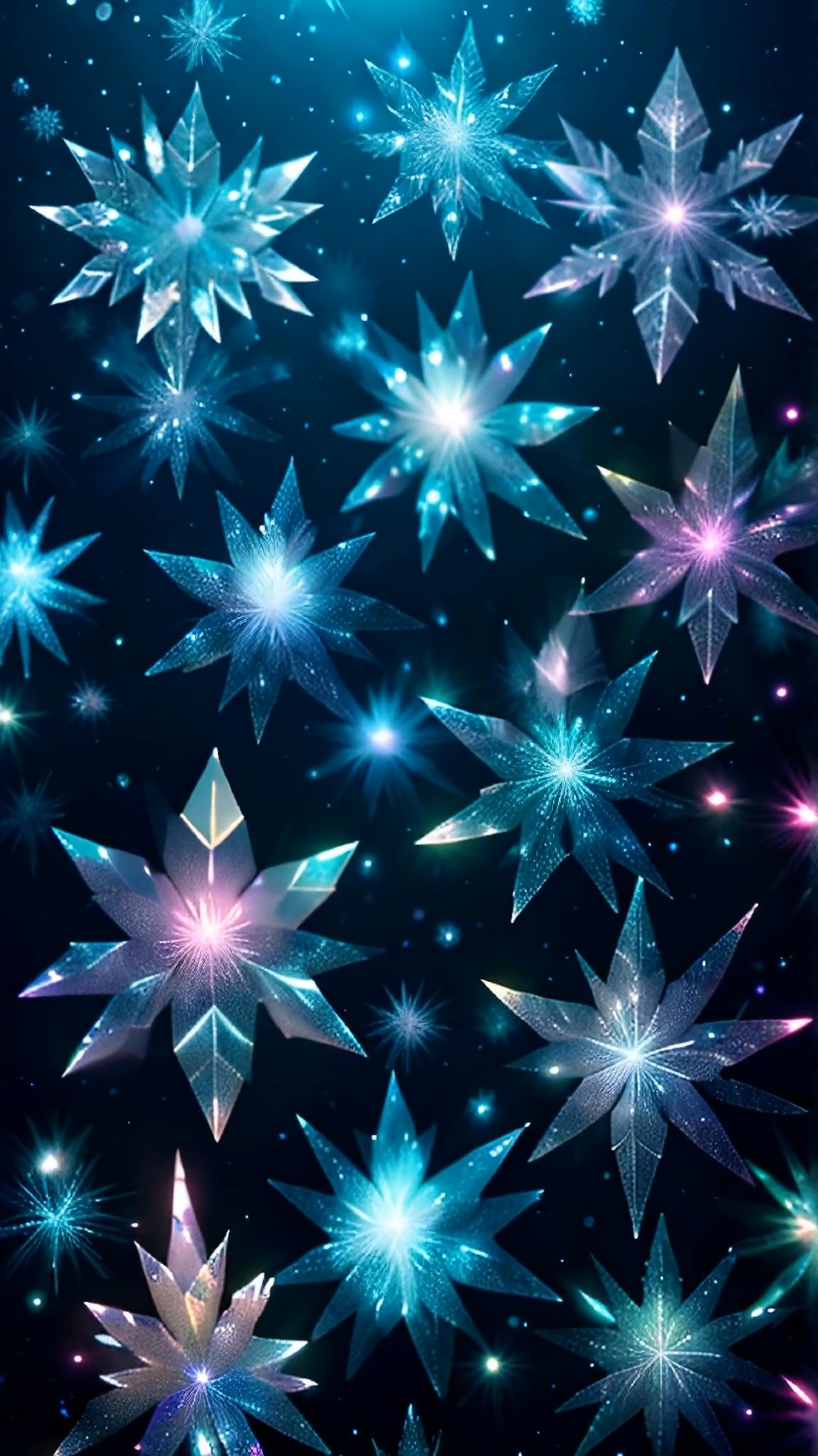 Crystal Glow Snowfall Realistic crystalline snowflakes in icy tones of electric blue, soft pink, and frosty green cascade gently against a deep black background. Each snowflake sparkles with frosted edges, emitting a delicate, glowing aura as they descend. The intricate, faceted patterns catch the light, leaving subtle shimmering trails that evoke a serene and magical winter ambiance. #AIWallpapers #LiveWallpaper #CrystalSnowfall #WinterMagic #IcyGlow #HolidayCharm