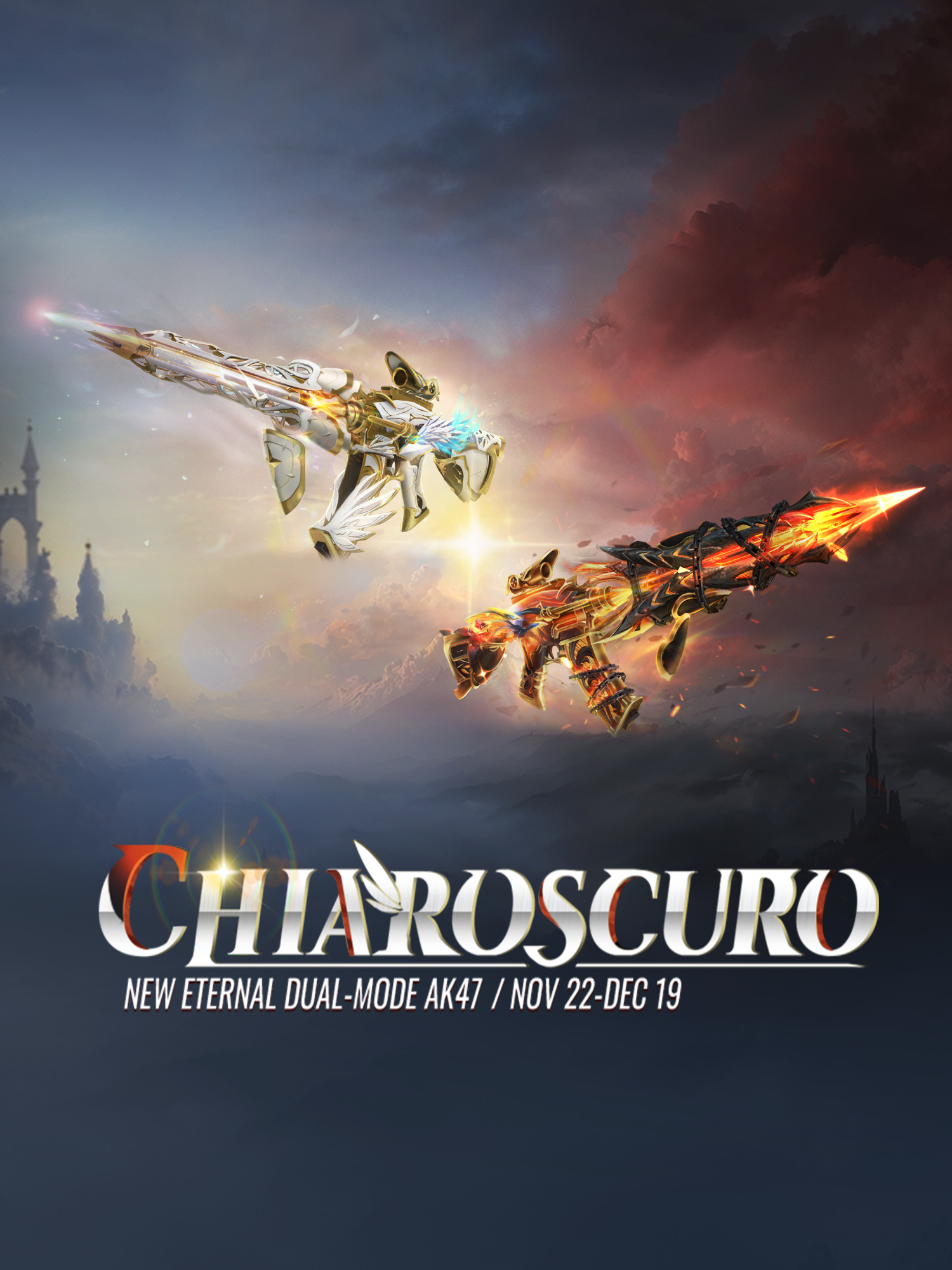 🔥New Eternal AK47 skin—Chiaroscuro is available now!  When day meets night, the endless sky brightens, and all things flourish in the shared glow.  💥 #BloodStrike #FPS #BattleRoyale