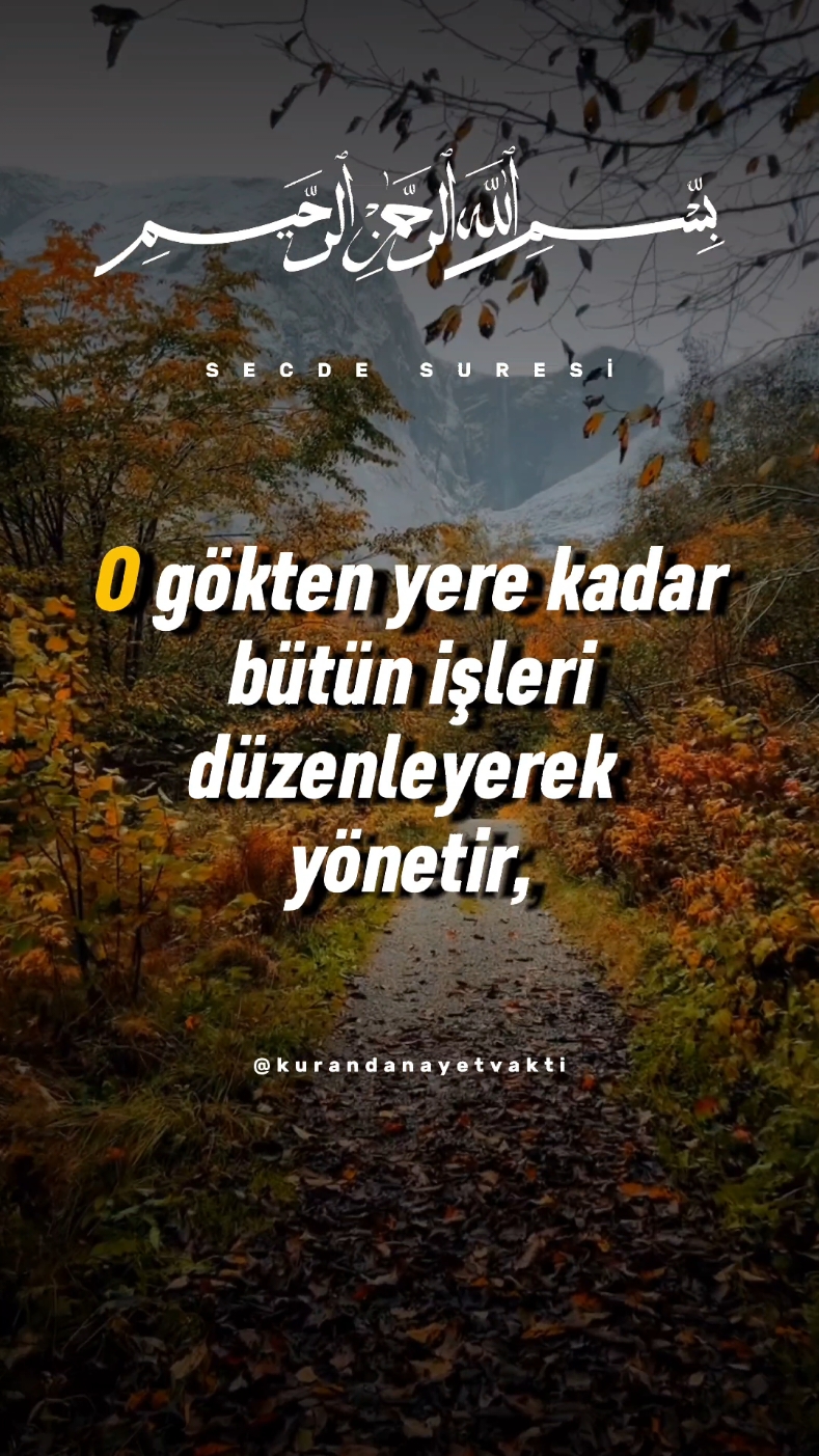 Secde Suresi 4-9. Ayetler Meâli  . ﴾4﴿ Gökleri, yeri ve bunların arasındakileri altı günde yaratan, sonra arşa istivâ eden Allah’tır. O’nsuz size ne bir dost ne bir şefaatçi bulunur. Hâlâ düşünüp ders almaz mısınız? ﴾5﴿ O gökten yere her işi düzenleyip yönetir. Sonra bütün işler sizin hesabınıza göre bin yıl tutan bir günde O’nun katına çıkar. ﴾6﴿ İşte O, duyular ve akılla idrak edilemeyeni de edileni de bilmektedir, izzeti sınırsız, rahmeti boldur. ﴾7﴿ O yarattığı her şeyi güzel yapmış ve ilk başta insanı çamurdan yaratmıştır. ﴾8﴿ Sonra onun neslini önemsenmeyen bir suyun özünden yaratıp sürdürmüştür. ﴾9﴿ Sonra ona düzgün bir şekil vermiş ve ruhundan ona üflemiş; sizi kulak, göz ve gönüllerle donatmıştır. Ne kadar da az şükrediyorsunuz! .  @kurandanayetvakti #kuran #kuranıkerim #kuranMeali