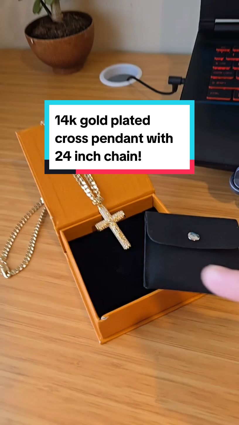 14k gold plated 24 inch cuban or figaro style chain with pendant! #fyp #crossnecklace 