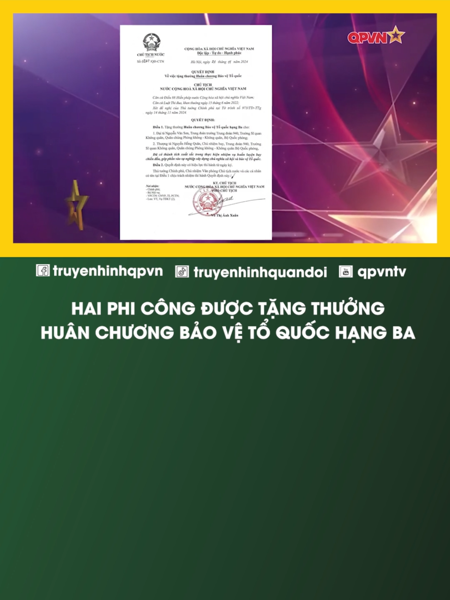 HAI PHI CÔNG ĐƯỢC TẶNG THƯỞNG HUÂN CHƯƠNG BẢO VỆ TỔ QUỐC HẠNG BA #QPVN #news #QuanChungPhongKhongKhongQuan #HuanChuongBaoVeToQuoc #BoDoi #BoDoiCuHo #QĐNDVN