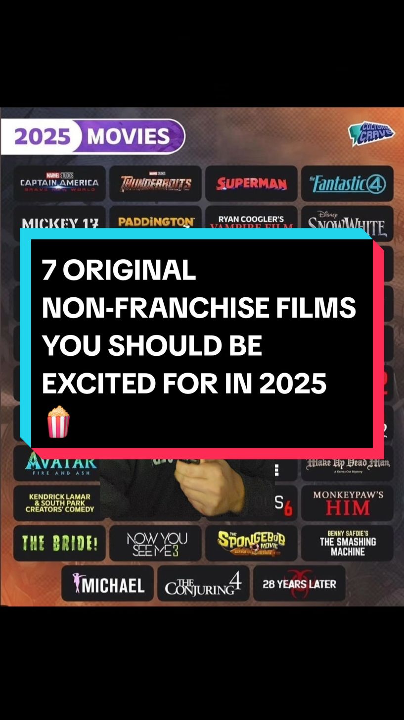 If you're tired of franchises and massive IPs and sequels and live action remakes, here are 7 original films you should be excited for in 2025 🍿 #movies #film #hollywood #2025 #filmtok #movietok #whattowatch #movienews #newmovies #mickey17 #robertpattinson #sinners #michaelbjordan #f1 #bradpitt #frankenstein #gdt #pta #therock #knivesout 