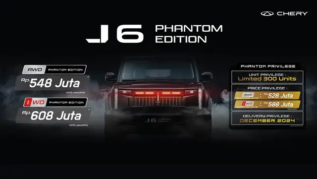 PT Chery Sales Indonesia resmi meluncurkan Chery J6, SUV listrik pertama berkemampuan offroad di Indonesia. Diperkenalkan di GJAW 2024, Chery J6 hadir dengan desain “Fashion Cube Box” yang stylish dan teknologi canggih untuk pengalaman berkendara urban maupun medan berat. Chery J6 tersedia dalam varian RWD (Rp 498 juta) dengan Jarak tempuh 426 km, AWD (Rp 558 juta) untuk performa offroad yang lebih maksimal, serta varian special RWD Phantom Edition (Rp 548 juta) dan IWD Phantom Edition (Rp 608 juta) OTR Jakarta. Dilengkapi fitur premium seperti All-Alumunium Body, Ventilated Seat di 1st & 2nd Row, Seat Massage, 12 Harman Infinity Speaker, 14 ADAS, dan 15.6 HD Head Unit. Spesial untuk 1.000 pembeli pertama, Anda bisa mendapatkan garansi seumur hidup untuk baterai, charger gratis, dan layanan road assistance. Chery J6 hadir sebagai pilihan ideal bagi Anda yang mengutamakan gaya hidup modern, performa, dan keberlanjutan. Informasi lebih lanjut tentang Chery, dapat menghubungi:  Farhan 081-222-800-801 #chery #j6 #j6rwd #j6iwd #cheryj6rwd #cheryj6iwd #j6bkackedition #cheryfamily #cheryindonesia #cherycirebon #cheryjawabarat #cheryjabar #cherybandung 