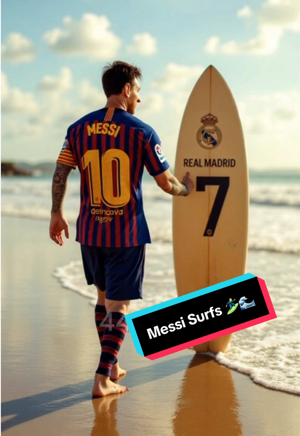 Messi surfing beach day 🌊🏄‍♂️  #messi #lionelmessi #beach #ai #artificialintelligence #surf #surfing #barca #barcelona #realmadrid #football #futbol #futebol #Soccer 