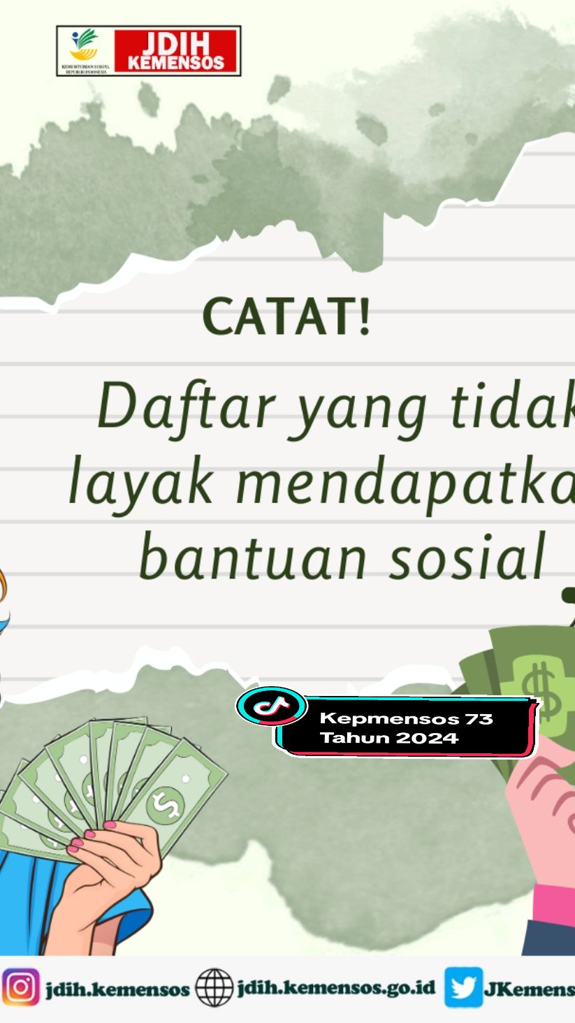 Sobat sosial JDiH,untuk memastikan Bantuan Sosial (Bansos) tepat sasaran, berdasarkan Kepmensos 73 Tahun 2024 yuk ketahui siapa saja kategori orang yang tidak layak mendapatkan Bansos. Selengkapnya di video berikut. Jangan lupa gunakan Bansos dengan bijak ya #SobatSosial!  #DTKS #Bansos #KemensosSelaluAda