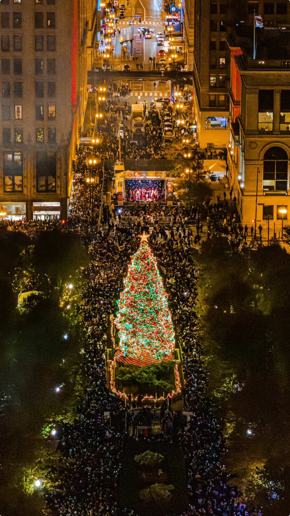 First lighting of the Chicago Christmas tree 🎄💡 . . #christmas #chicago #chi #windycity 📍 The tree is set up in Millennium Park, near Michigan Avenue and Washington Street, a central and festive hub in downtown Chicago. 🎄The first lighting of the tree is a grand event, usually featuring live performances, music, and a fireworks display to kick off the holiday season.