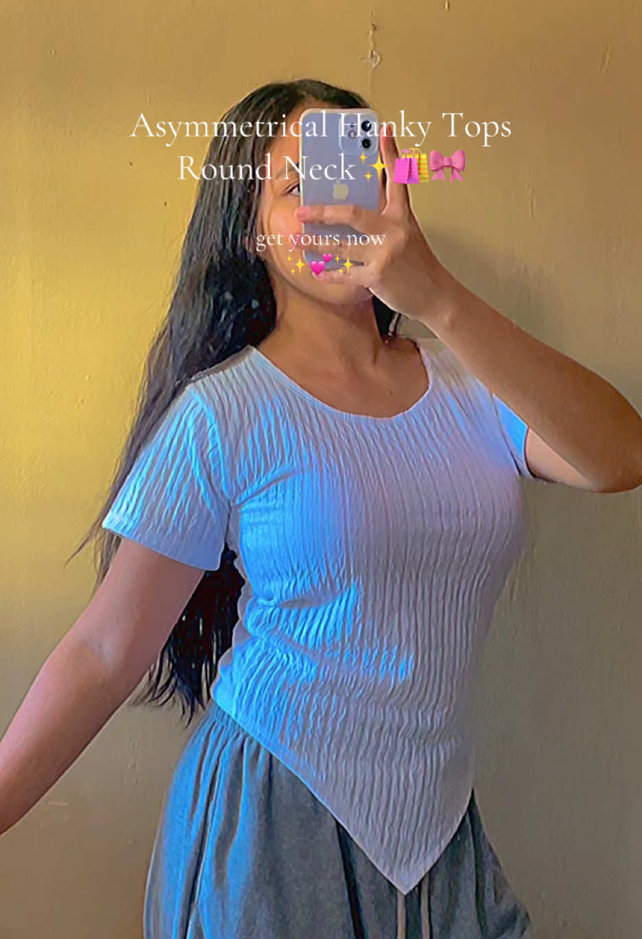 Miss you Asymmetrical Hanky Tops Round Neck Short Sleeve Tee Bark Crepe. #sexytopoutfit #budolfinds #roundeneckshortsleeve #asymmetricalhankytops 