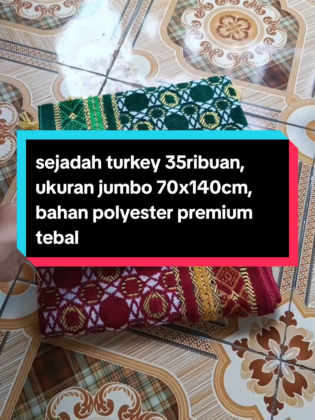 rekomendasi sejadah turkey jumbo ukuran 70x140cm, harganya 35ribuan aja, bahan polyester premium tebal #sajadahturkey #sajadah #sejadah #sejadahmurah 