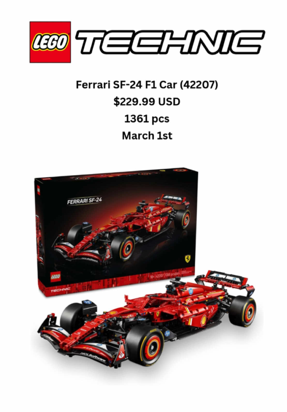 The new LEGO technic Ferrari SF-24 F1 car is revealed. This is 1:8 scale and it looks quite impressive. Would you add this to your collection? #lego #legotiktok #legofan #legotechnic #ferrari #formula1 #legonews #legocar 