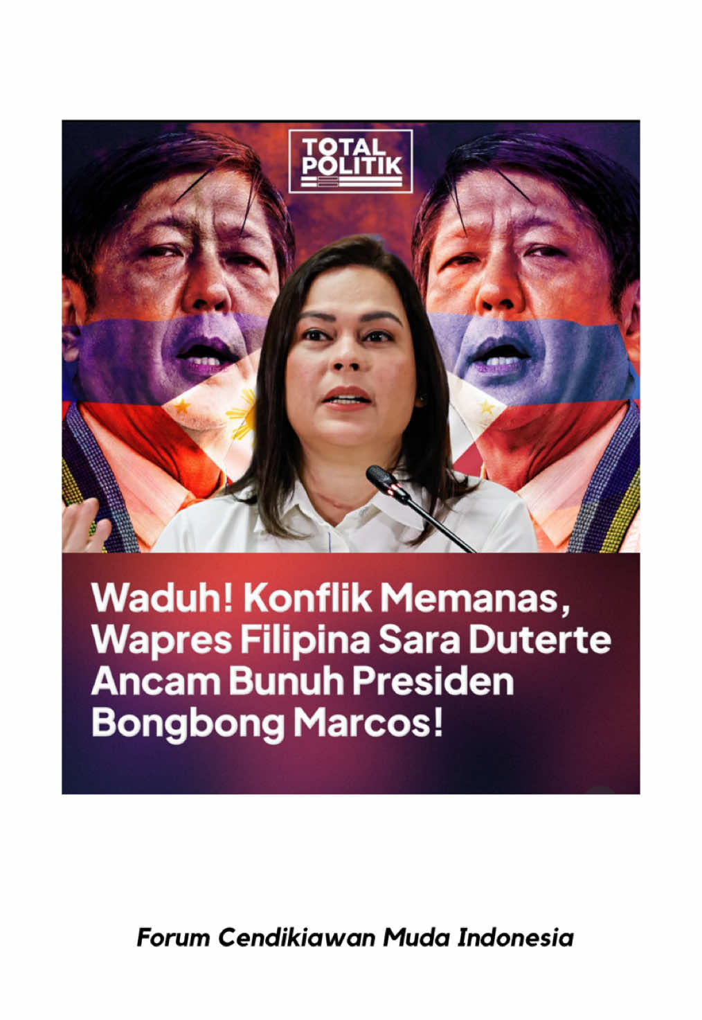 Wakil Presiden (Wapres) Filipina Sara Duterte memicu ketegangan dengan melontarkan ancaman pembunuhan terhadap Presiden Ferdinand Marcos Jr. Putri mantan Presiden Rodrigo Duterte itu menyatakan dirinya akan membuat Marcos Jr dibunuh jika dirinya tewas dibunuh terlebih dahulu. Ancaman itu mencuat saat perselisihan semakin sengit antara dua dinasti politik yang paling berkuasa di Filipina. Sara melontarkan ancaman itu dalam konferensi pers penuh sumpah serapah pada Jumat (22/11) tengah malam, di mana sang Wapres Filipina itu mengisyaratkan dirinya menjadi target rencana pembunuhan. #fyp #viral #videoviral #filipina 