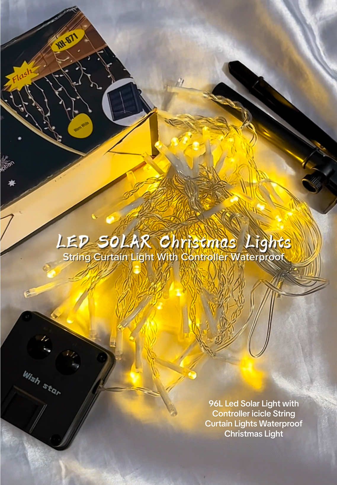 96L Led Solar Light with Controller icicle String Curtain Lights Waterproof Christmas Light  #christmaslights #christmaslightledlights #christmaslightsolar #solarledlights 