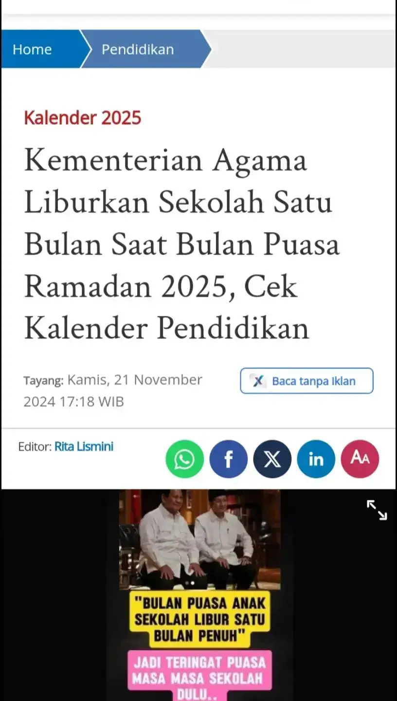 Kabar tentang Presiden Prabowo Subianto akan meliburkan sekolah selama 1 bulan penuh di bulan Ramadan 2025 menjadi perbincangan hangat di media sosial. Informasi ini mencuat setelah sebuah unggahan di grup Facebook menunjukkan kalender pendidikan yang mengisyaratkan libur penuh sepanjang bulan Maret 2025, bertepatan dengan bulan suci Ramadan yang diprediksi berlangsung dari akhir Februari hingga akhir Maret. Spekulasi ini diperkuat dengan pernyataan lama Prabowo yang pernah mengatakan bahwa dirinya mendukung ide libur satu bulan selama Ramadan. "Saya waktu masih muda pernah merasakan libur, dulu, waktu itu libur sebulan penuh," ujarnya saat Pilpres 2019. #libursaatbulanramadhan #bismilahfyp #fypviralシ #libur1bulansepanjangpuasa #semogafypp #gklamalagiramdhan #sekolalibur #puasabersma #ngabuburit #bukbervibes2024 #ramadhan #ramadhan2025 #fypramdhanberkah