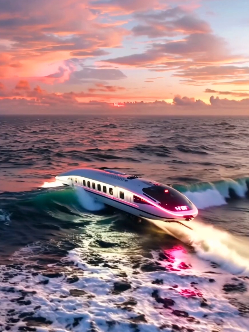 Bulletship passing through Baltic ocean in sunset towards dream destination 🚄🌊 #bulletship #fasttrain #highspeedtrain #bullettrain #sunset #ocean #oceanwaves #FYP #Foryoupage #Foryou 