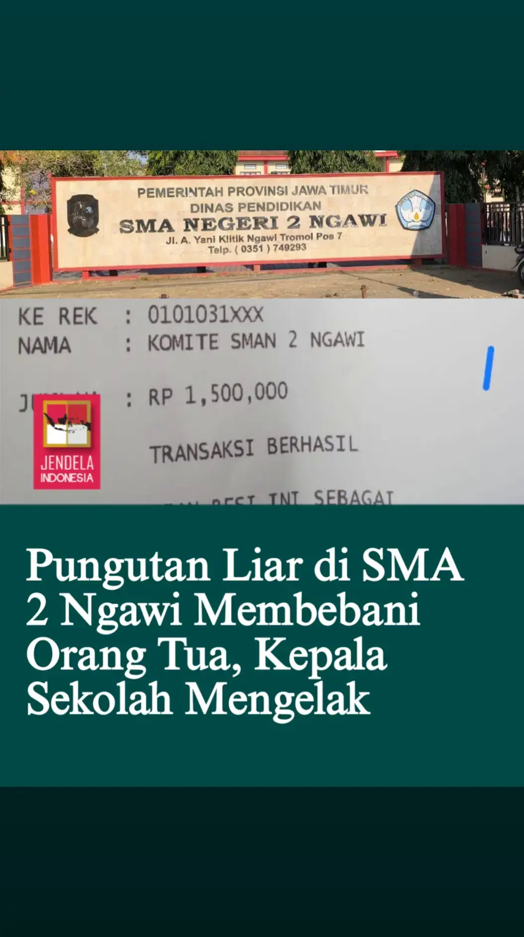 Pungutan Liar di SMA 2 Ngawi Membebani Orang Tua, Kepala Sekolah Mengelak Ngawi, – Di balik citra prestisius SMA 2 Ngawi, yang dikenal sebagai sekolah favorit dengan segudang prestasi, muncul polemik terkait adanya praktik pungutan liar (pungli) yang membebani para orang tua siswa. Sejumlah keluhan datang dari orang tua yang merasa keberatan dengan biaya seragam untuk tahun ajaran 2024 sekolah sebesar Rp 2.800.000,- dan pungutan lainnya yang berkedok komite sekolah, berkisar antara Rp 1.000.000,- bagi yang tidak mampu, juga hampir merata Rp. 3.500.000,- ada juga Rp. 5.000.000,-. Keluhan ini menjadi sorotan, karena bagi banyak orang tua, tujuan menyekolahkan anak-anak mereka, adalah untuk masa depan yang cerah, sejalan dengan program pemerintah di bawah Presiden Joko Widodo yang menekankan agar anak-anak Indonesia tidak putus sekolah karena alasan finansial. Saat dikonfirmasi, Kepala SMA 2 Ngawi justru mengelak dari tuduhan tersebut. Ia menyatakan tidak mengetahui adanya pungli tersebut dan menyarankan agar pihak media menemui Ketua Komite Sekolah, sampai saat ini masih di pegang Pak Marsono, yang disebutnya sebagai pihak yang memegang dan mengelola uang komite. “Pungutan Seragam dan Pungli Tidak Sesuai Aturan di lembaga Pendidikan SMA 2 Ngawi,” Tindakan penjualan seragam sekolah yang diwajibkan dengan biaya tinggi tersebut melanggar Peraturan Menteri Pendidikan, Kebudayaan, Riset, dan Teknologi (Permendikbudristek) Nomor 50 Tahun 2022. Dalam aturan ini, sekolah dilarang membebani orang tua atau wali siswa untuk membeli seragam baru setiap kenaikan kelas atau saat penerimaan siswa baru. Selain itu, sekolah juga tidak boleh menjual bahan atau baju seragam, tapi untuk SMA 2 Ngawi masih meskipun lewat Koperasi sekolah dll Aturan tersebut bertujuan untuk meringankan beban finansial orang tua dan menjamin kesetaraan di antara siswa. Pengadaan seragam seharusnya bisa dibantu oleh pemerintah pusat, pemerintah daerah, atau masyarakat sesuai dengan kewenangannya, tanpa ada unsur paksaan. Kasus pungli di SMA 2 Ngawi ini memicu kekhawatiran lebih lanjut terkait pengelolaan dana sekolah yang tidak transparan dan dianggap memberatkan masyarakat. Orang tua berharap pihak berwenang, termasuk Dinas Pendidikan, segera menindaklanjuti laporan ini dan memastikan tidak ada lagi praktek pungli yang merugikan wali murid. Hingga berita ini diterbitkan, pihak komite sekolah belum memberikan tanggapan resmi terkait tuduhan pungutan liar ini. Sumber https://buserjatim.com/pungutan-liar-di-sma-2-ngawi-membebani-orang-tua-kepala-sekolah-mengelak/