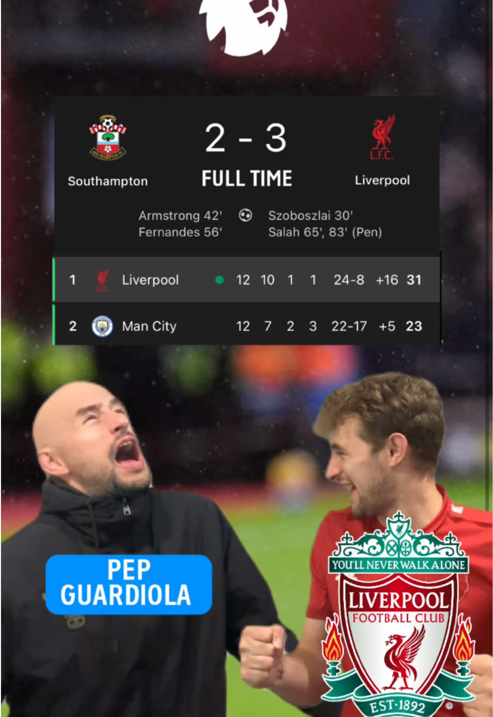 Liverpool go 8 points clear at the top of the Premier League, Southampton 2-3 Liverpool 😱😂 #lfc #liverpoolfc #liverpoolfan #PremierLeague #southamptonfc #liverpoolvssouthampton #premierleaguememes #saintsfc #callumwm