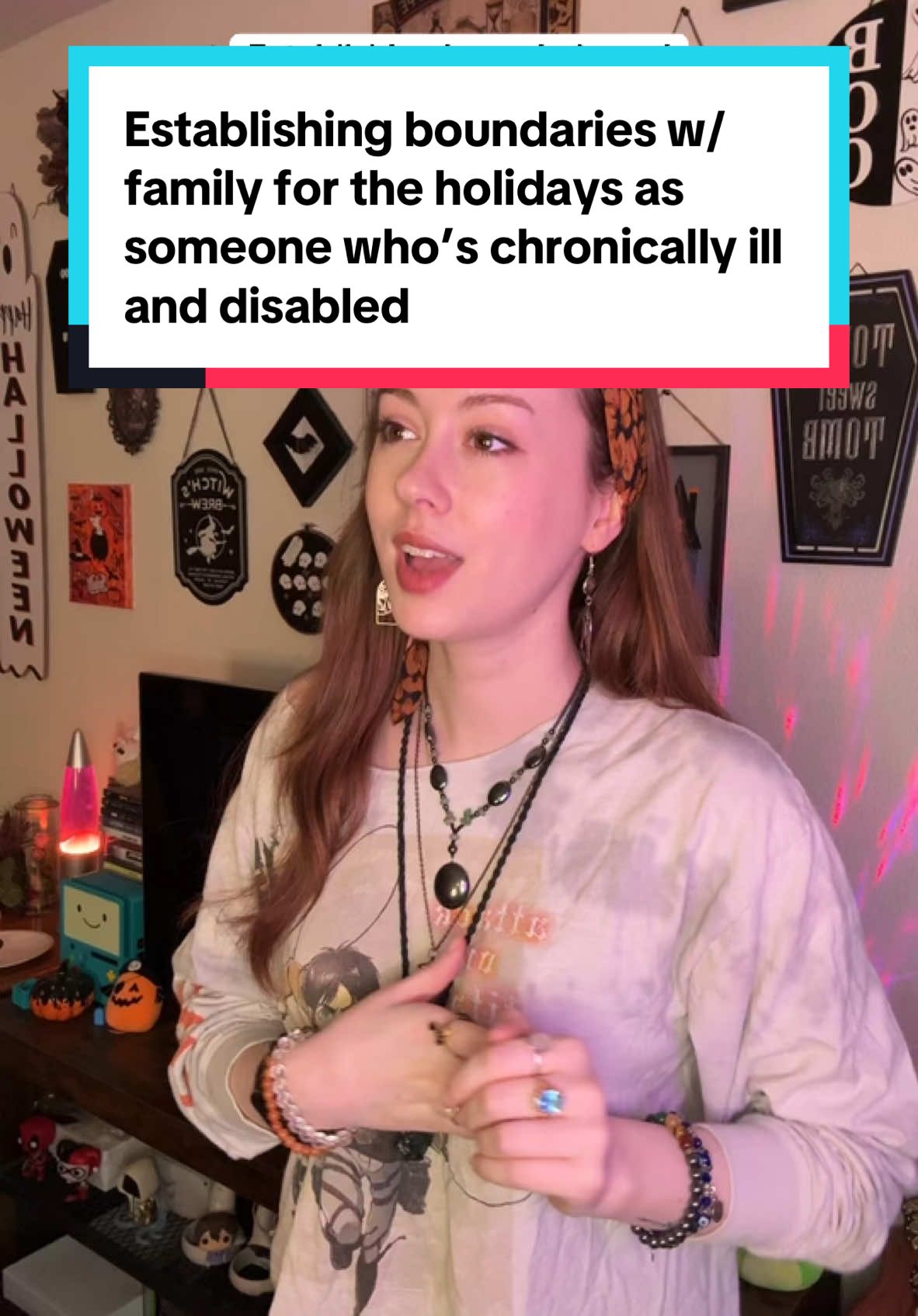 Holidays can be tough when you’re chronically ill and disabled 😅 so much back and forth to events, holiday food, weather changes, so many things that can cause flare ups! If you’re chronically ill or disabled, please know that you don’t owe anyone your time or your energy. I know it’s the holidays, but if these people truly care about you they will want to have you around in any capacity. If that means not being able to be as hands-on this year with set up and cooking, that’s okay! If that means you’re not able to stay over for all-day long events, that’s okay! If that means you need to take breaks, rest, leave early, all of that is okay, and those who truly understand your conditions and who want to see you thrive should respect that ❤️‍🩹 #chronicillness #chronicillnessawareness #chronicallyill #chronicillnesslife #chronicillnesstiktok #invisibleillness #invisibleillnessawareness #invisibledisability #disability #disabled #disabilitytiktok #disabledtiktok #disabilityawareness #disabilitypride #holidayswithchronicillness #holidays #holidayseason 