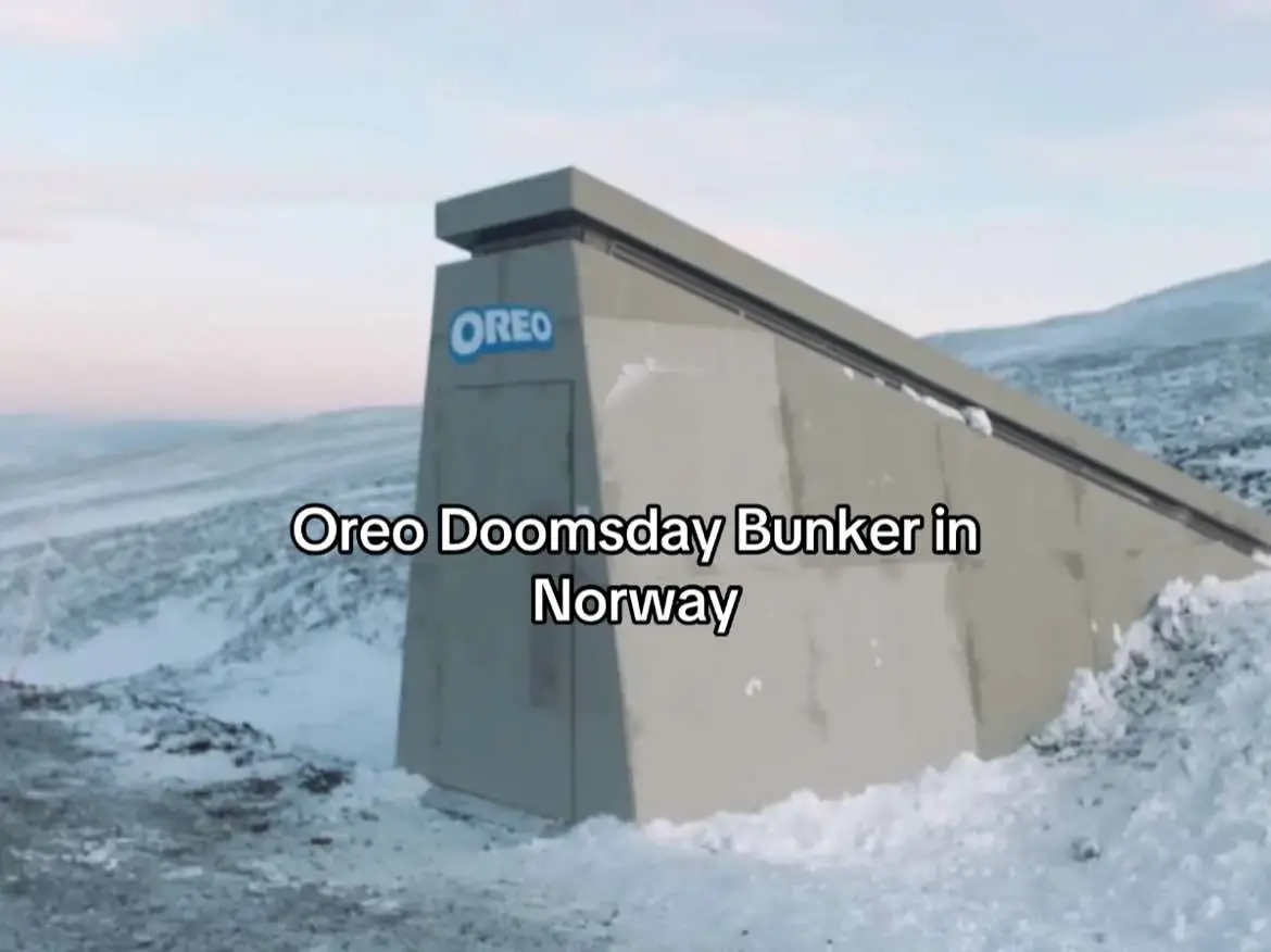 (Exhibit 606) - Oreo has constructed an asteroid-proof bunker in Norway to safeguard their cookies and recipes. This strategic initiative, unveiled on November 8, 2020, echoes the design of the renowned Global Seed Vault, which houses a diverse collection of seeds to preserve global biodiversity. Positioned in Svalbard, an archipelago between Norway and the North Pole, this vault is built to withstand extreme conditions, ensuring the preservation of Oreo's treasured recipes and products. This unusual marketing move aligns with recent trends in advertising that emphasize larger-than-life stunts to capture public attention. Oreo's doomsday vault aims to protect their iconic cookies from potential asteroid thrict as a coaler ferent november. The vault contains Oreos, powdered milk, and the recipe, all wrapped in Mylar to resist extreme temperatures, moisture, and air. #explore #fyp #explorepage #oreo #oreos #candy 