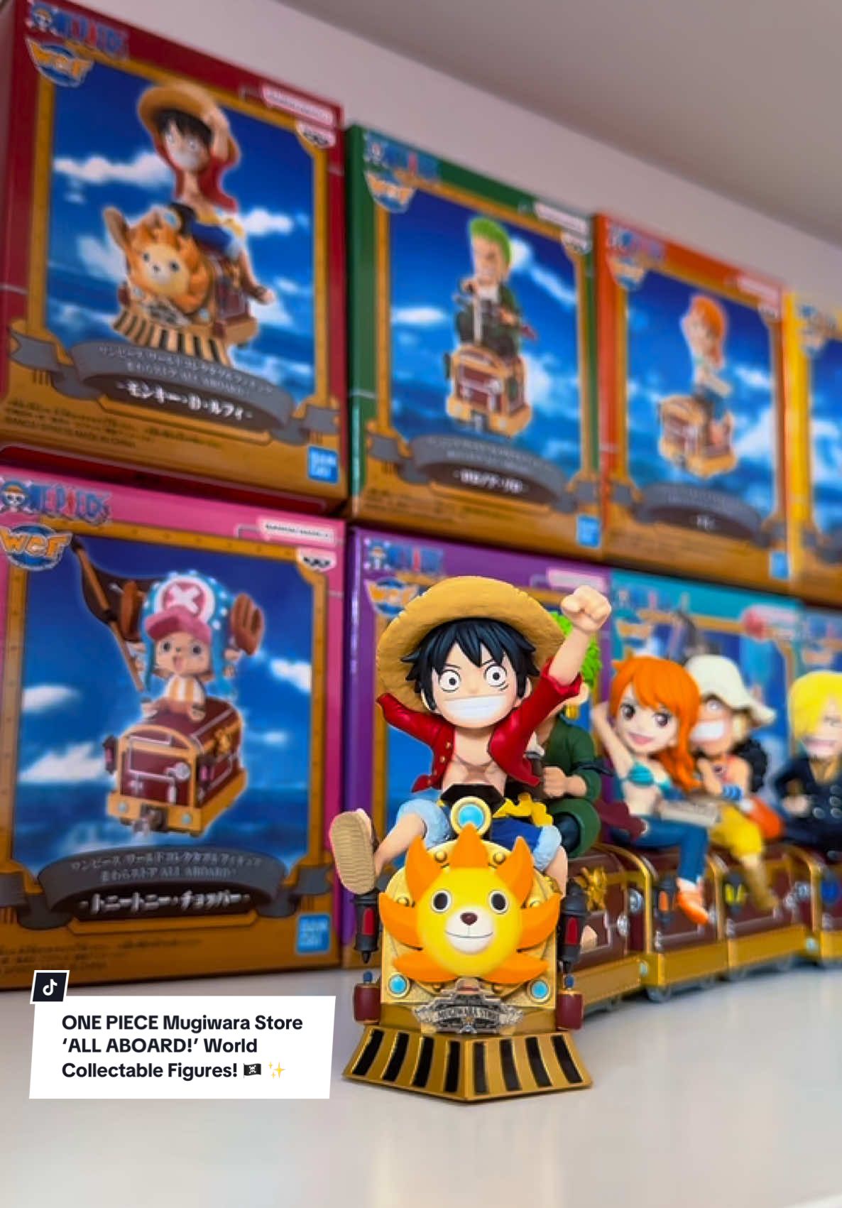 This figure set was recently released to celebrate the 12th Anniversary of the ONE PIECE Mugiwara Store with the exclusive ‘ALL ABOARD!’ World Collectable Figures! 🏴‍☠️ ✨ I love that each character connects like train cars, recreating the iconic Sunny Go Train visual. 🚢 🚂☀️ #ONEPIECE #麦わらストア #ワーコレ #Collectibles #AnimeMerch #mugiwara #mugiwarastore #onepiecefigure #onepiececollection #animefigures #luffy #onepieceedit #animefyp #onepiecefan 